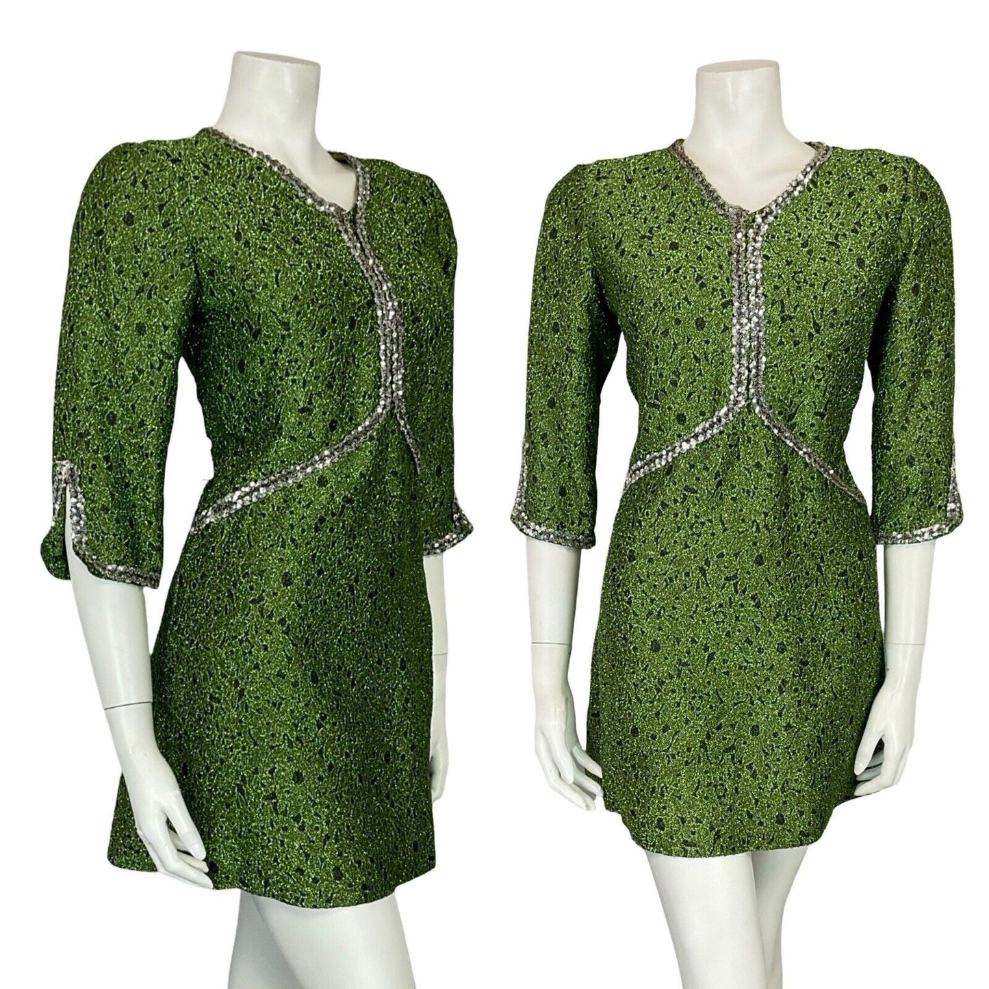 VTG 60S V NECK HALF SLEEVE GREEN SILVER SEQUIN LUREX PARTY MINI DRESS 10