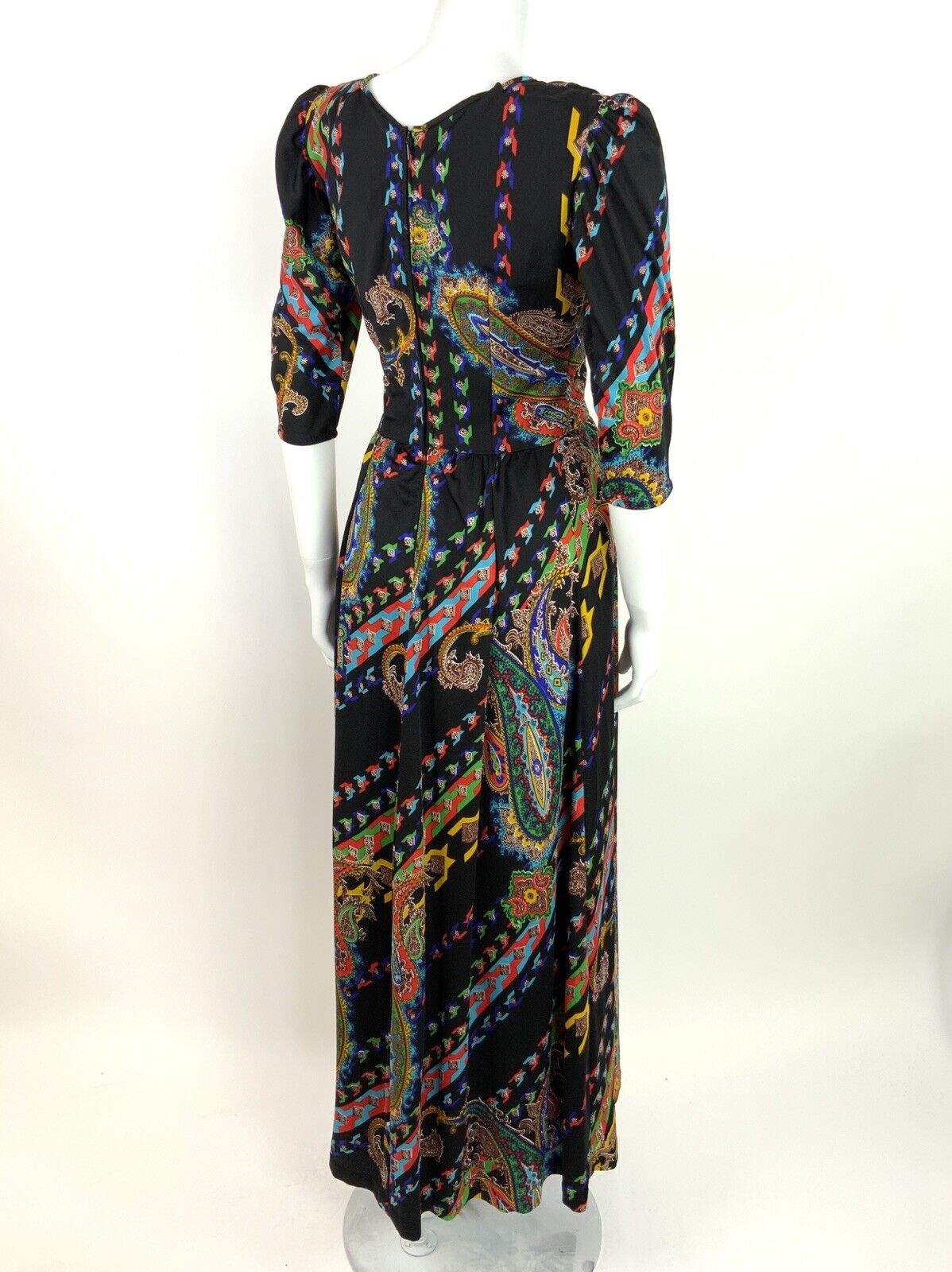 VINTAGE 60s 70s PAISLEY PSYCHEDELIC BLACK YELLOW BLUE RED GREEN MAXI DRESS 8