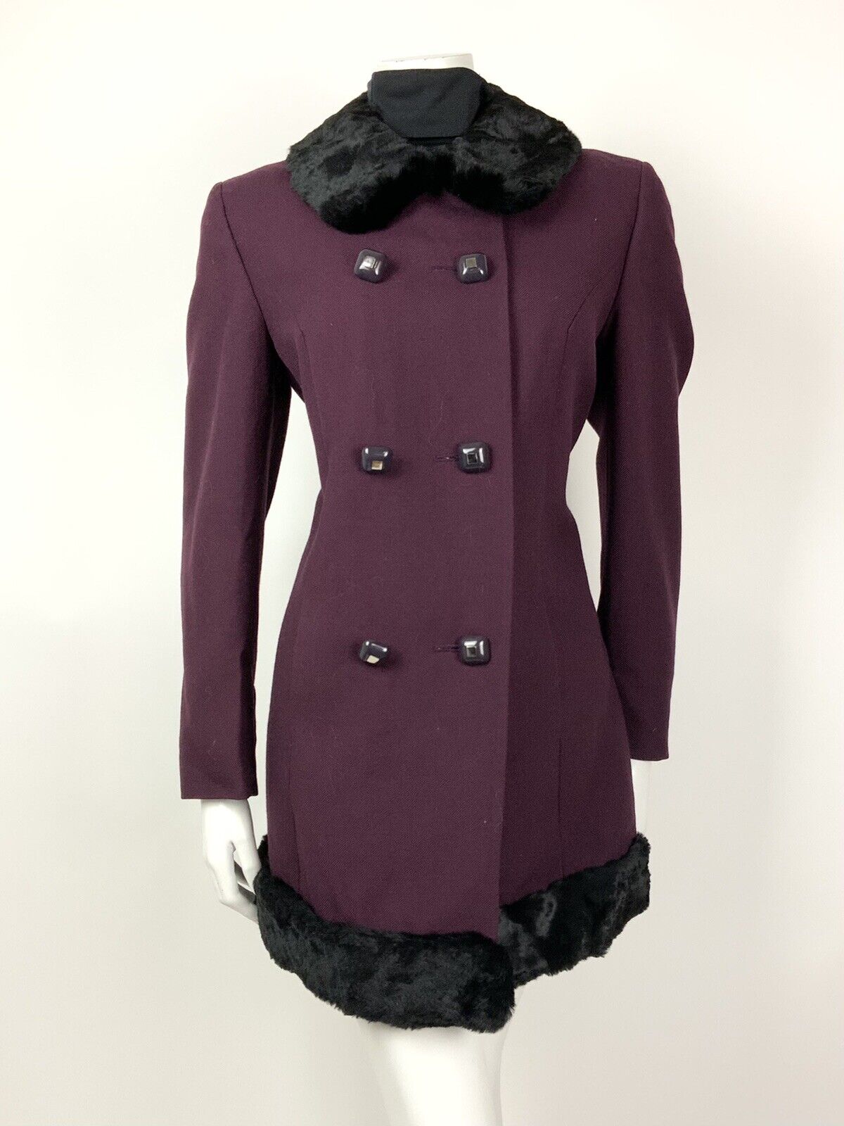 VTG 60s 70s PLUM PURPLE BLACK FUR TRIM PRINCESS MOD WOOL SHORT COAT 12 14