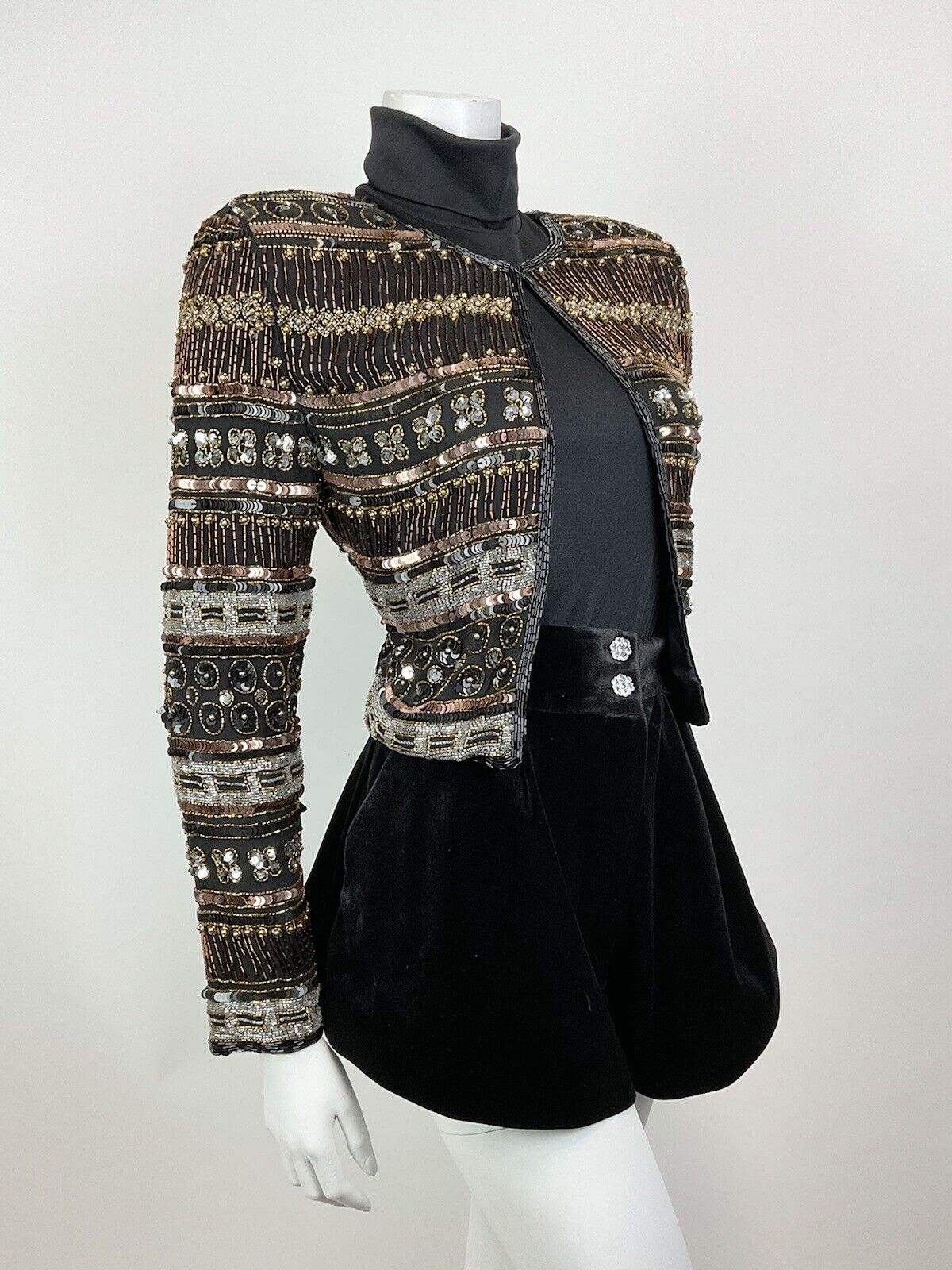VTG 70s BLACK BRONZE SILVER DECO STRIPED BEADED SEQUIN PARTY TROPHY JACKET 8 10