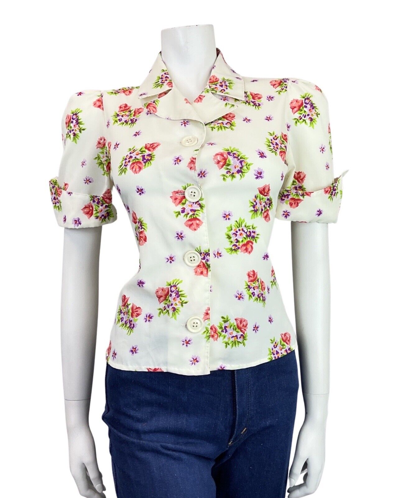 VINTAGE 60s 70s CREAM PURPLE RED FLORAL MOD DAGGER SHIRT BLOUSE TOP 10