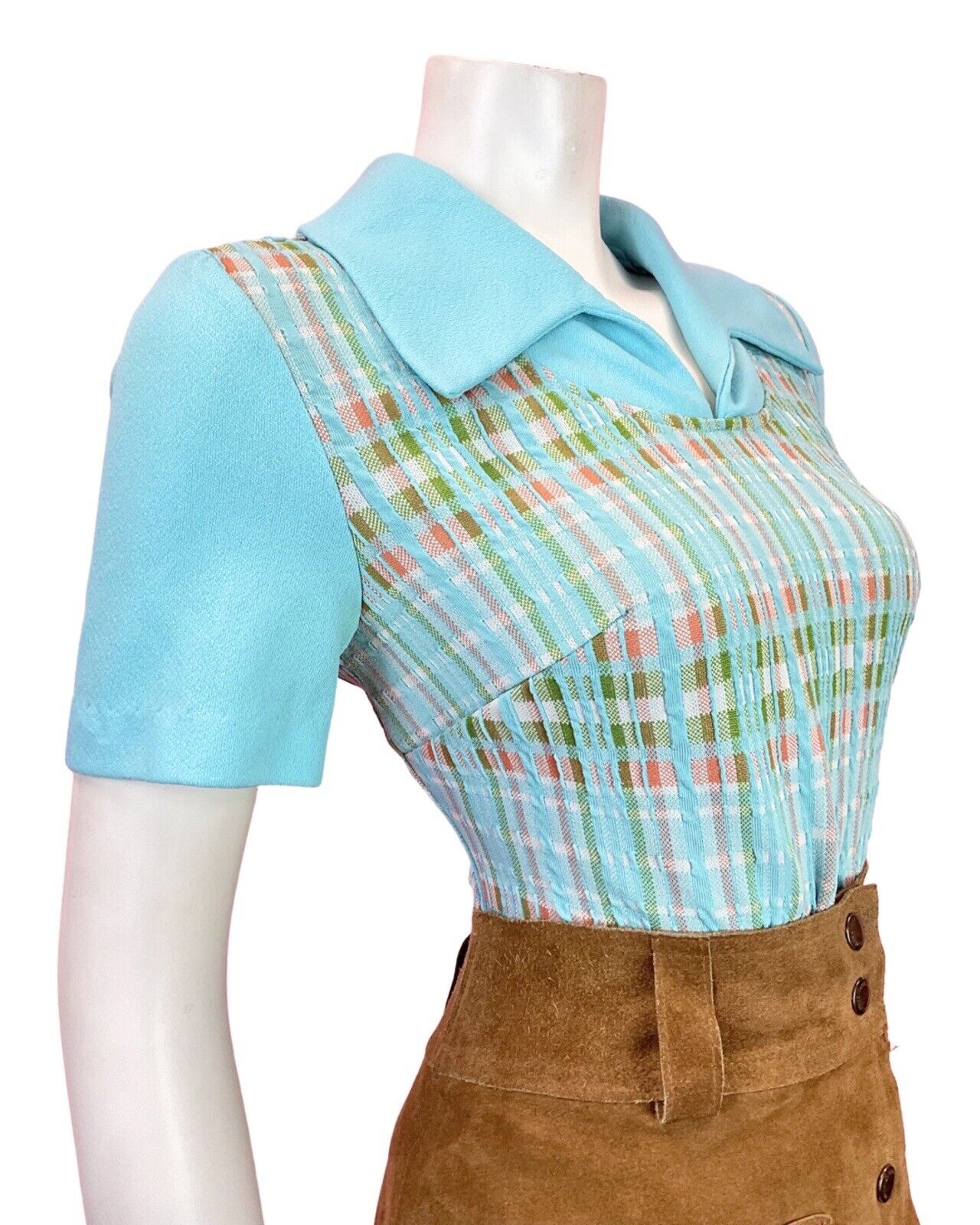 VINTAGE 60s 70s LIGHT BLUE GREEN ORANGE CHECKED MOD WING COLLAR SHIRT TOP 12 14