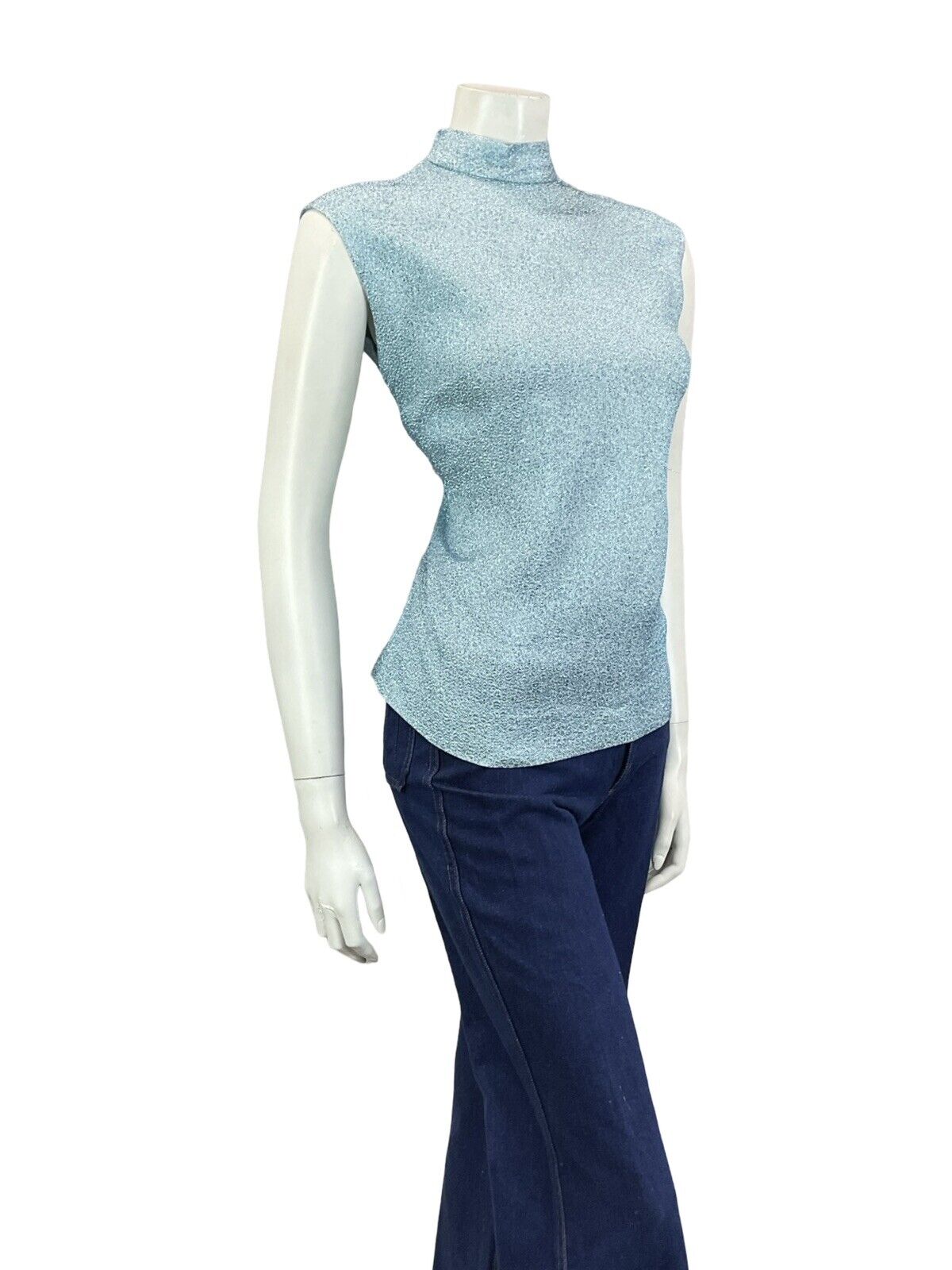 VTG 60S POWDER BLUE MOD GOGO LUREX SLEEVELESS FUNNEL NECK SHIFT PARTY TOP 10