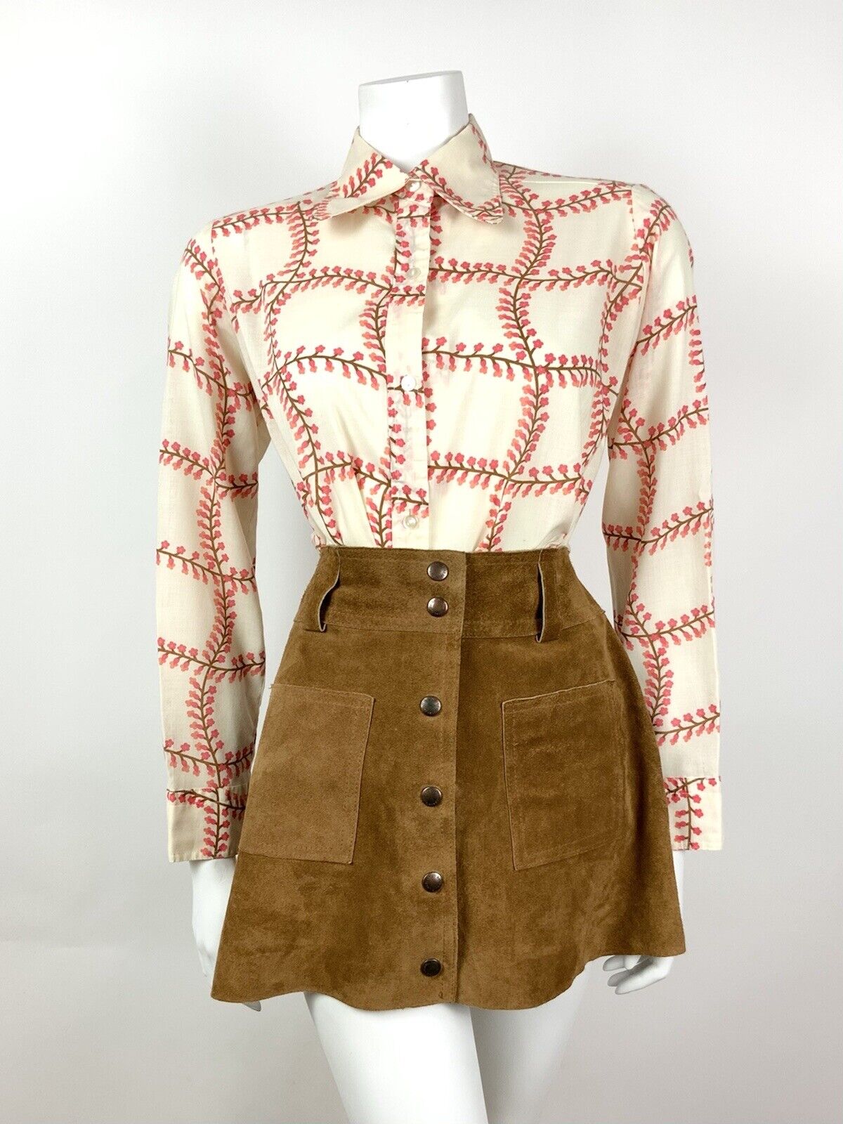 VINTAGE 60s 70s CREAM BROWN PINK GRID CHECKED FLORAL DAGGER SHIRT BLOUSE 14 16