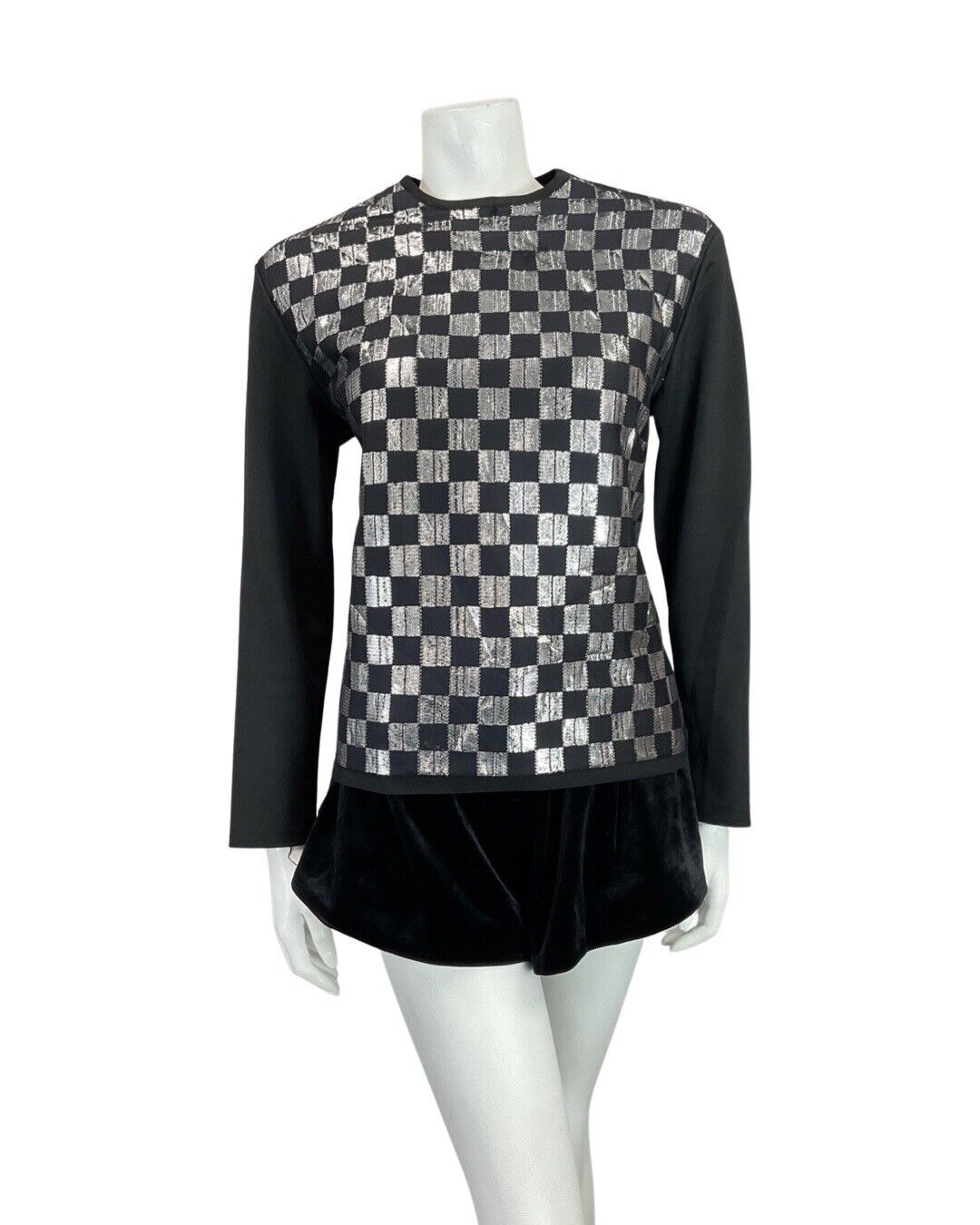 VINTAGE 60s 70s BLACK SILVER CHECKERBOARD MOD DISCO LONGSLEEVE BLOUSE TOP 14 16