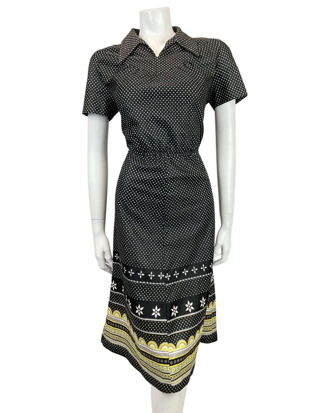 VINTAGE 60s 70s BLACK WHITE YELLOW POLKA-DOT GEOMETRIC DAISY MOD SHIRT DRESS 10