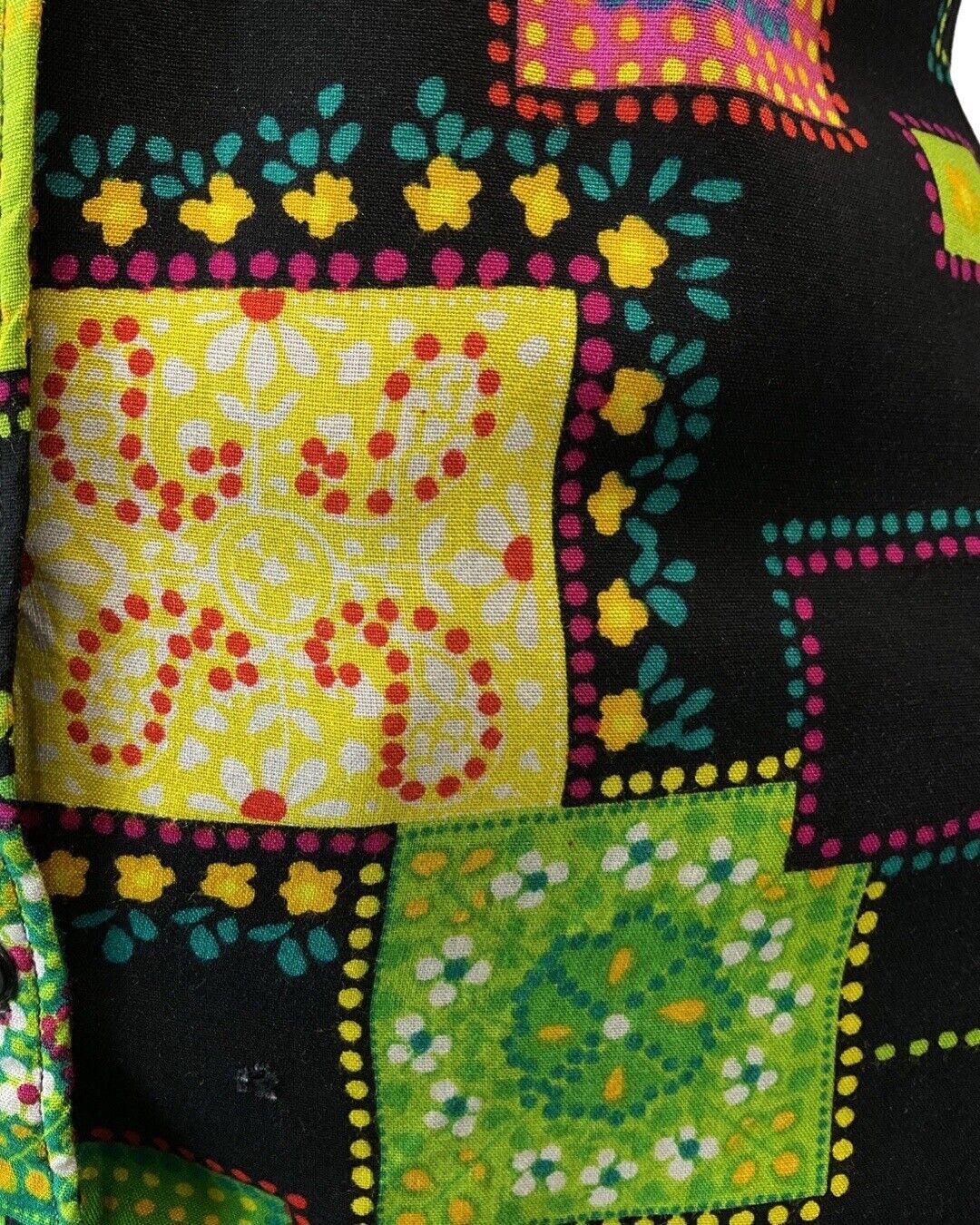 VINTAGE 60s 70s BLACK GREEN PINK PATCHWORK PAISLEY MOD DAGGER SHIRT 10 12