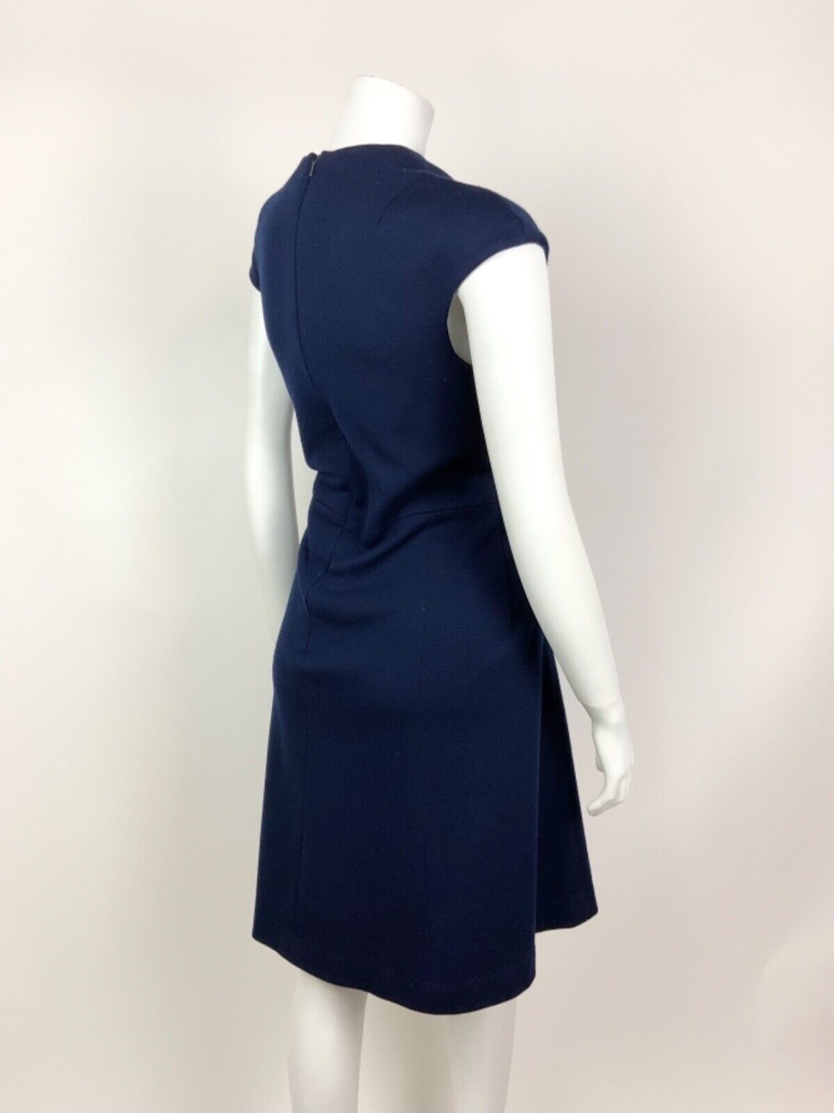 VINTAGE 60s 70s NAVY BLUE V-NECK CAPPED SLEEVE WOOL MOD DRESS 12