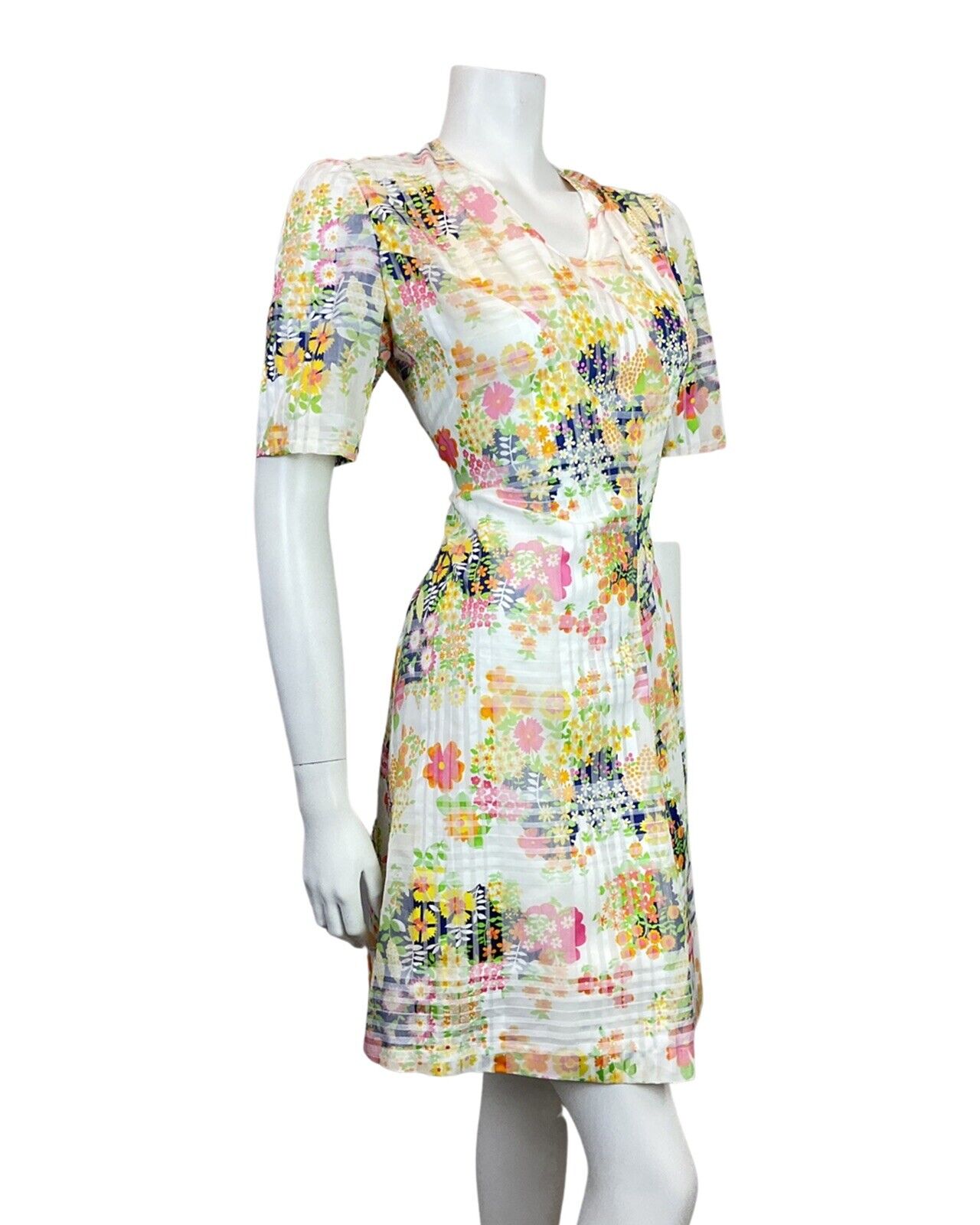 VINTAGE 60s 70s WHITE BLUE YELLOW CHECKED FLORAL DAISY MOD SHORT DRESS 10 12