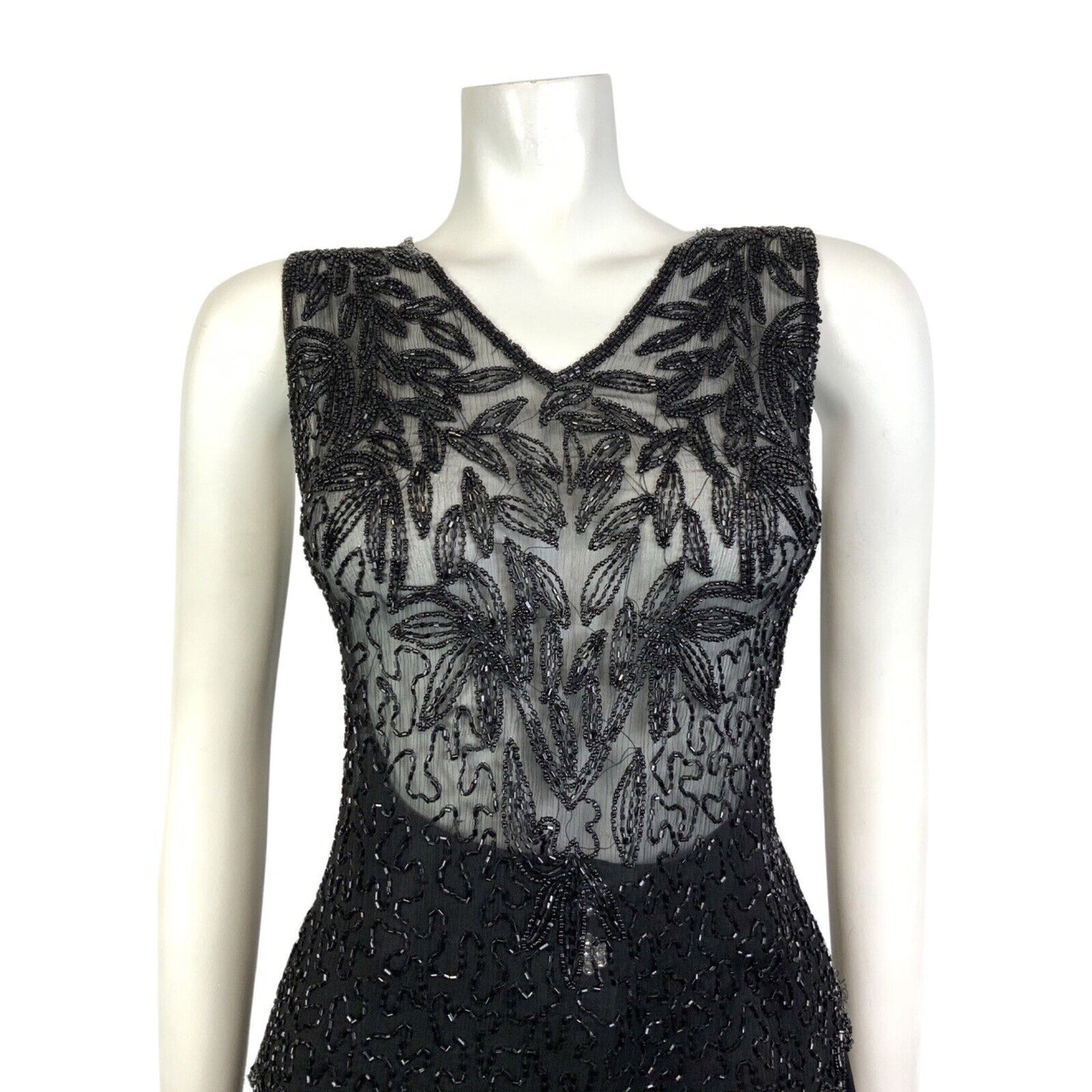 VINTAGE 60s 70s BLACK FLORAL SQUIGGLE SEQUIN BEADED SHEER SLEEVELESS TOP 12 14
