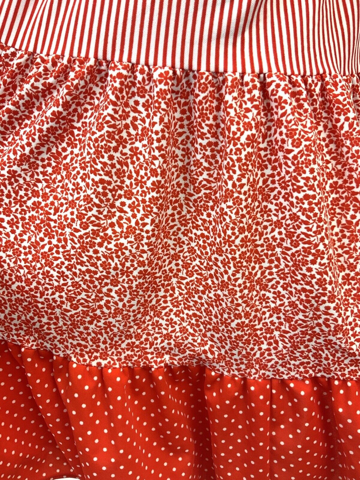 VTG 60s 70s RED WHITE STRIPE DOTTY FLORAL PRAIRIE FOLK PUFF SLEEVE DRESS 10 12