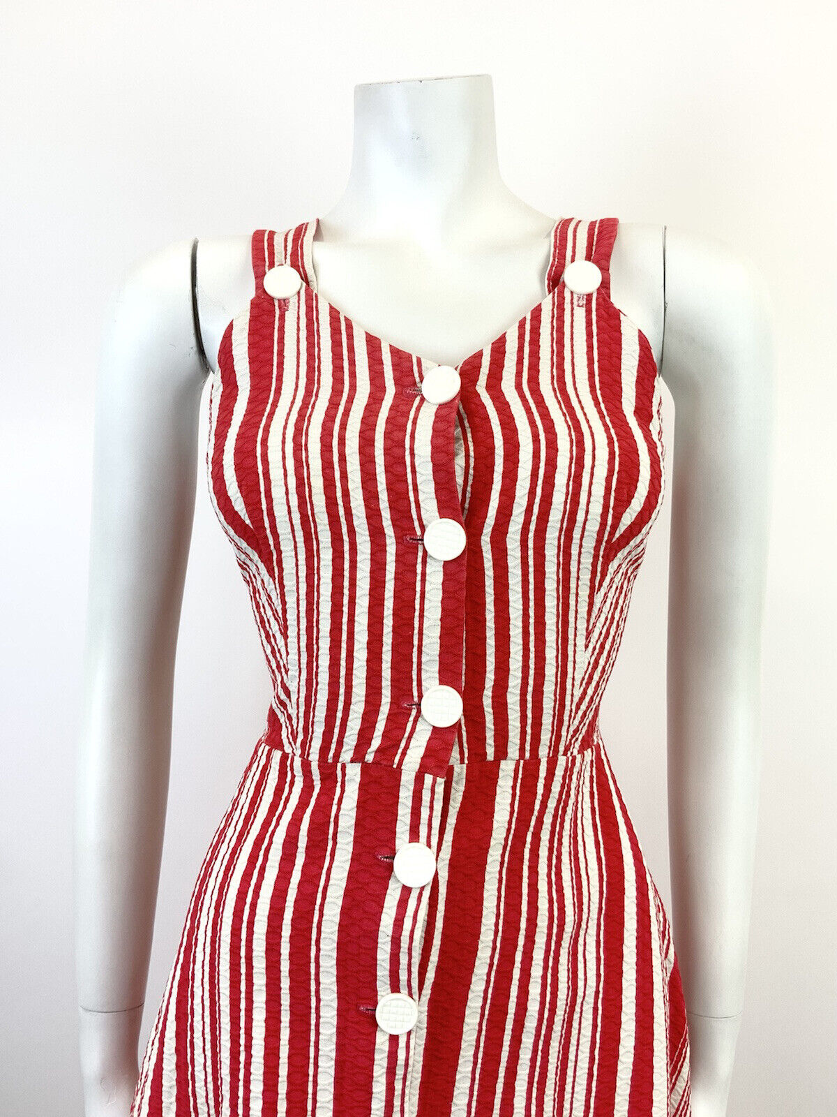 VINTAGE 60s 70s RED WHITE CANDY STRIPED SWEETHEART SLEEVELESS MOD SUN DRESS 8 10
