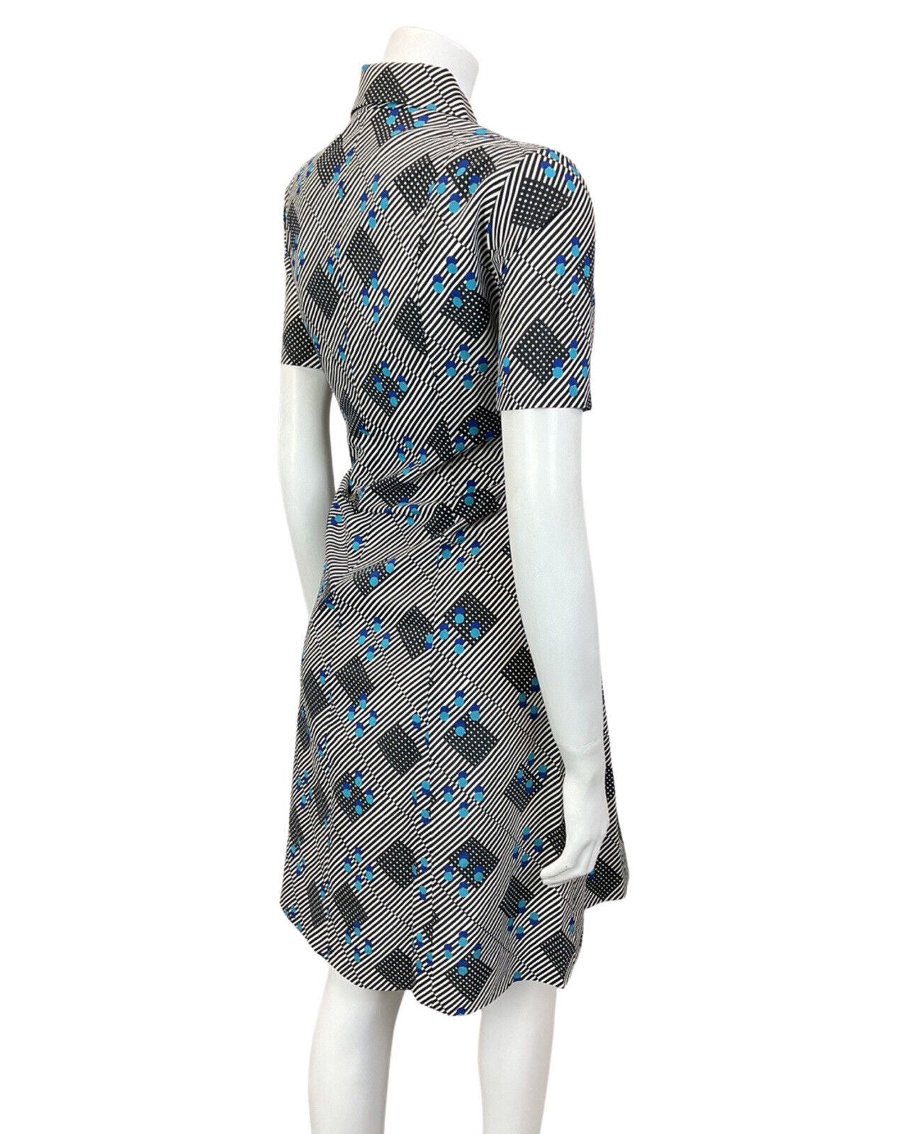 VINTAGE 60s 70s BLACK WHITE BLUE STRIPED GEOMETRIC MOD DAGGER SHIRT DRESS 12 14