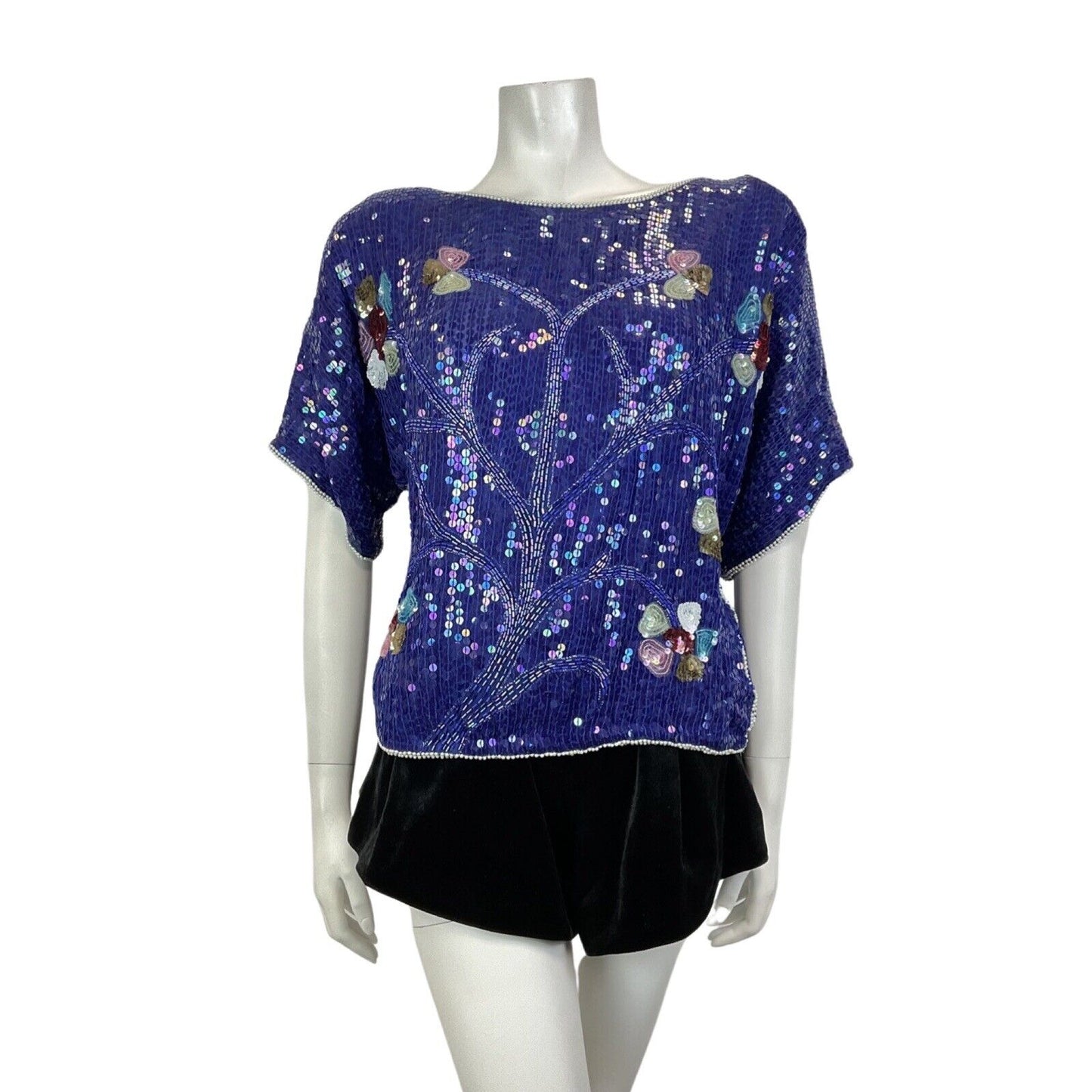 VINTAGE 60s 70s BLUE WHITE PINK GOLD SEQUIN BEADED FLORAL TREE DISCO TOP 14 16