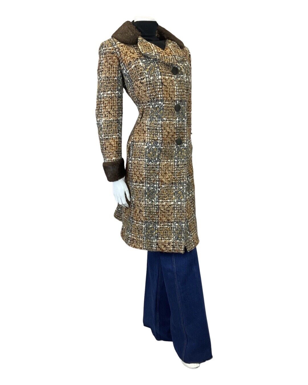 VINTAGE 60s 70s BROWN CREAM PLAID CHECKED FAUX FUR MOD WOOL COAT 16