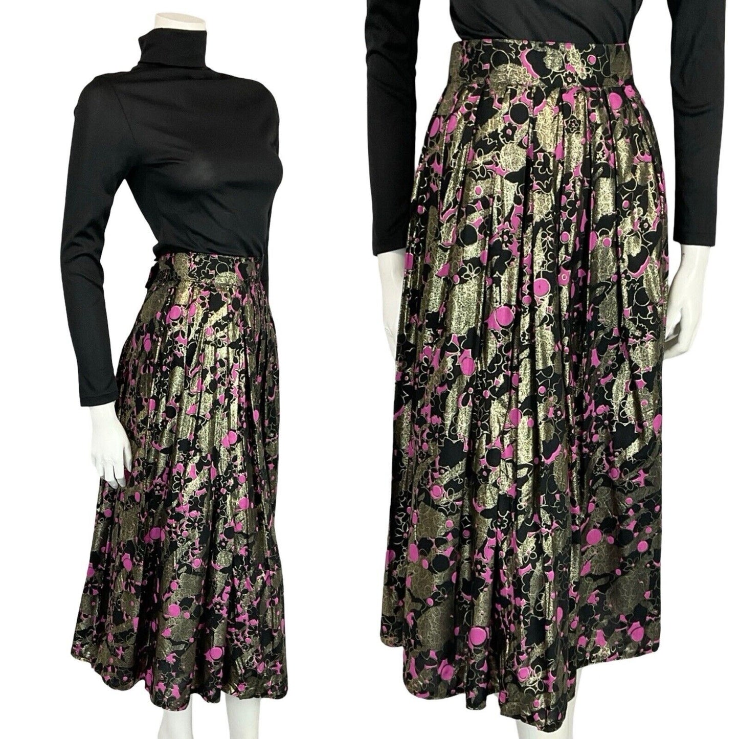 VTG 70S BLACK PINK GOLD METALLIC FLORAL PLEATED NEW WAVE MIDI PARTY SKIRT 14 16