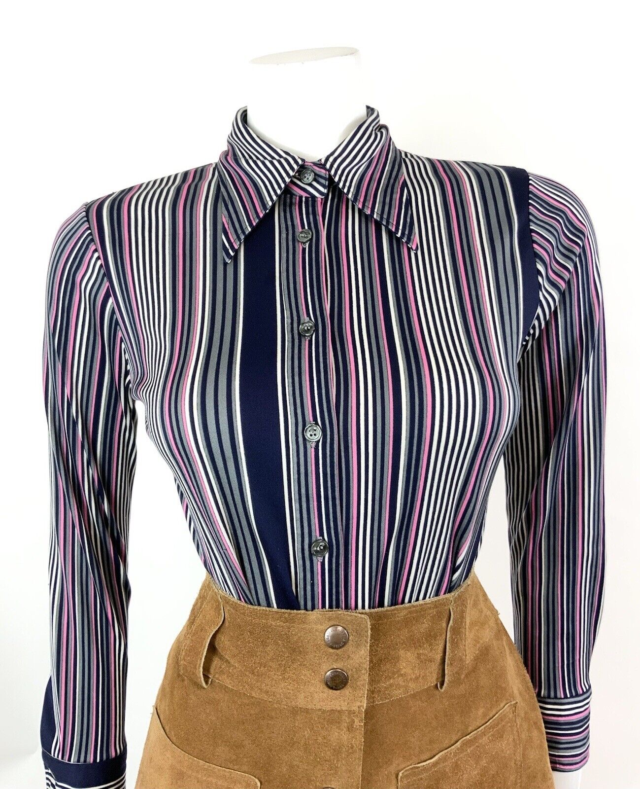 VINTAGE 60s 70s PURPLE BLACK BLUE WHITE STRIPED MOD DAGGER SHIRT BLOUSE 8 10
