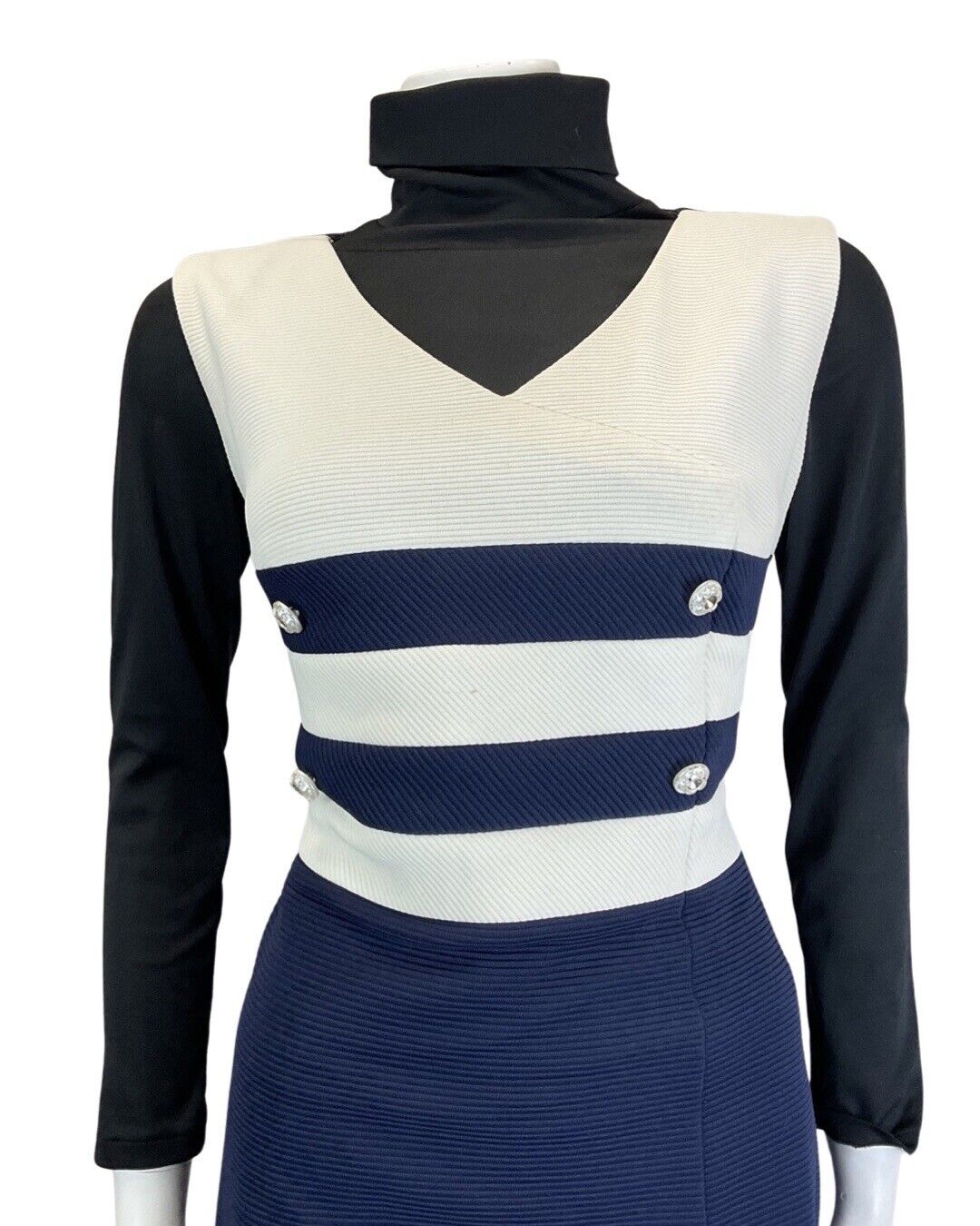 VINTAGE 60s 70s NAVY BLUE WHITE STRIPED NAUTICAL MOD SLEEVELESS DRESS 12 14