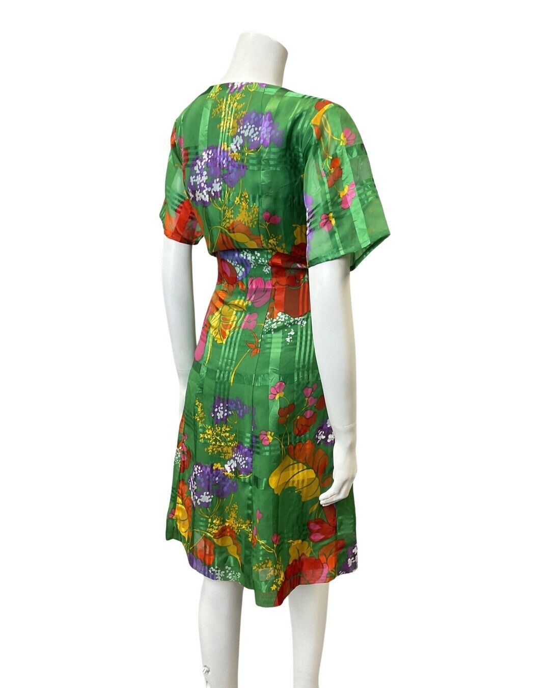 VINTAGE 60s 70s GREEN PURPLE RED FLORAL PLAID SHEER MOD DRESS 12 14
