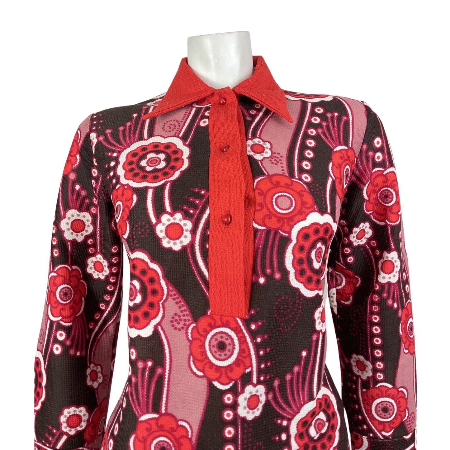 VINTAGE 60s 70s PINK RED BROWN FLORAL PSYCHEDELIC MOD DAGGER COLLAR BLOUSE 12 14