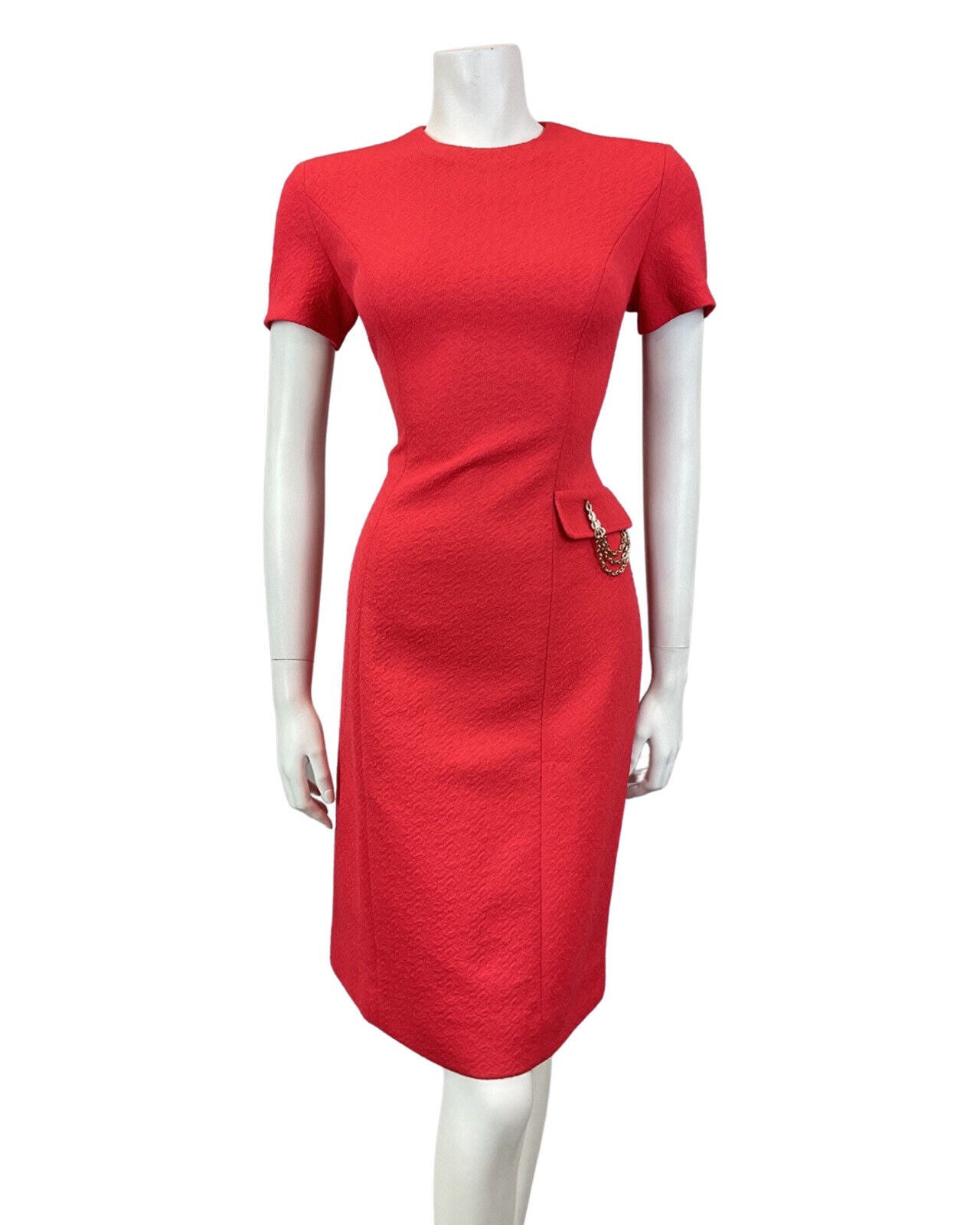 VINTAGE 60s 70s PILLARBOX RED SILVER CHAIN SHORT SLEEVE FITTED MOD DRESS 10
