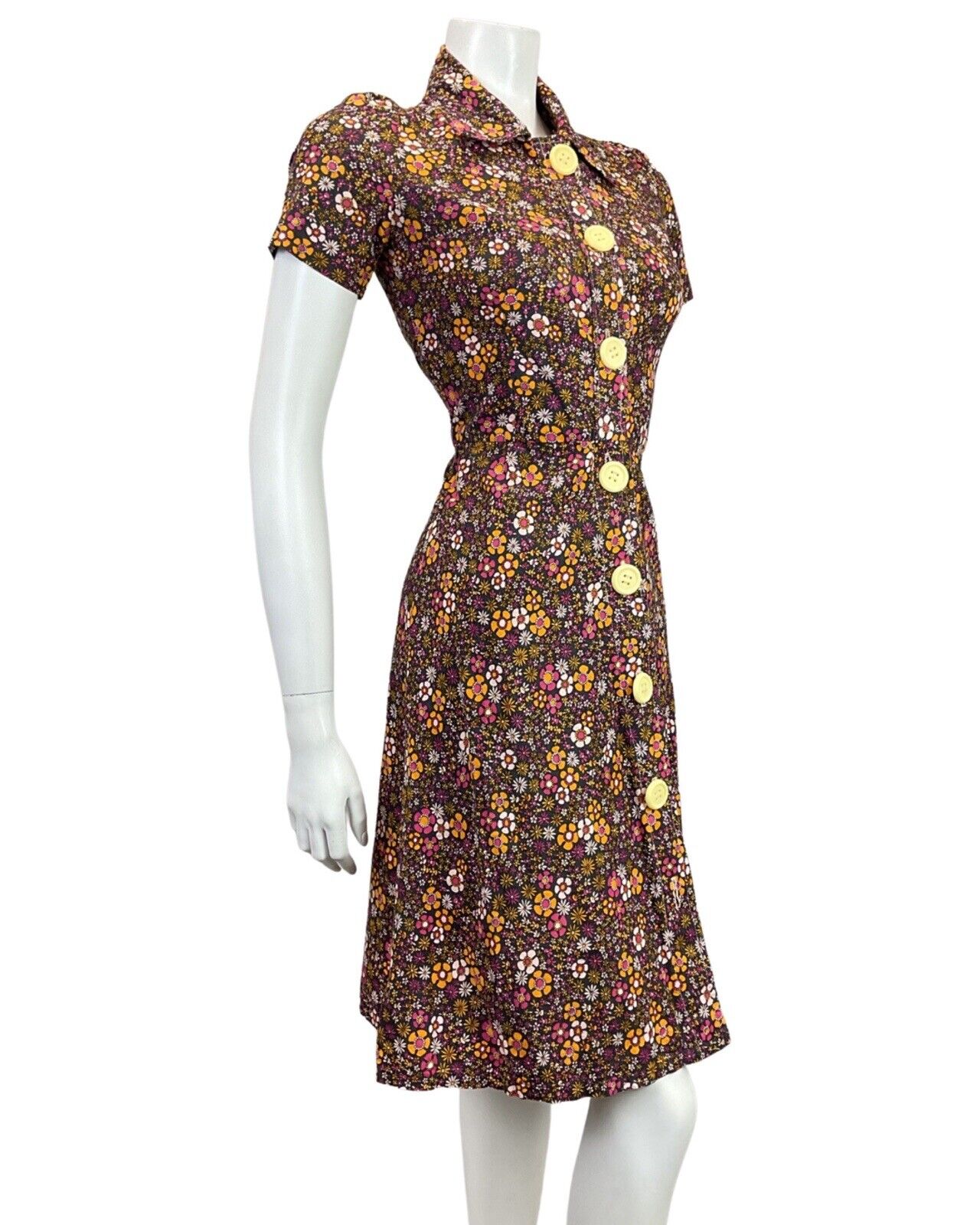 VINTAGE 60s 70s BLACK PINK PURPLE ORANGE FLORAL DITSY MOD DAGGER SHIRT DRESS 8