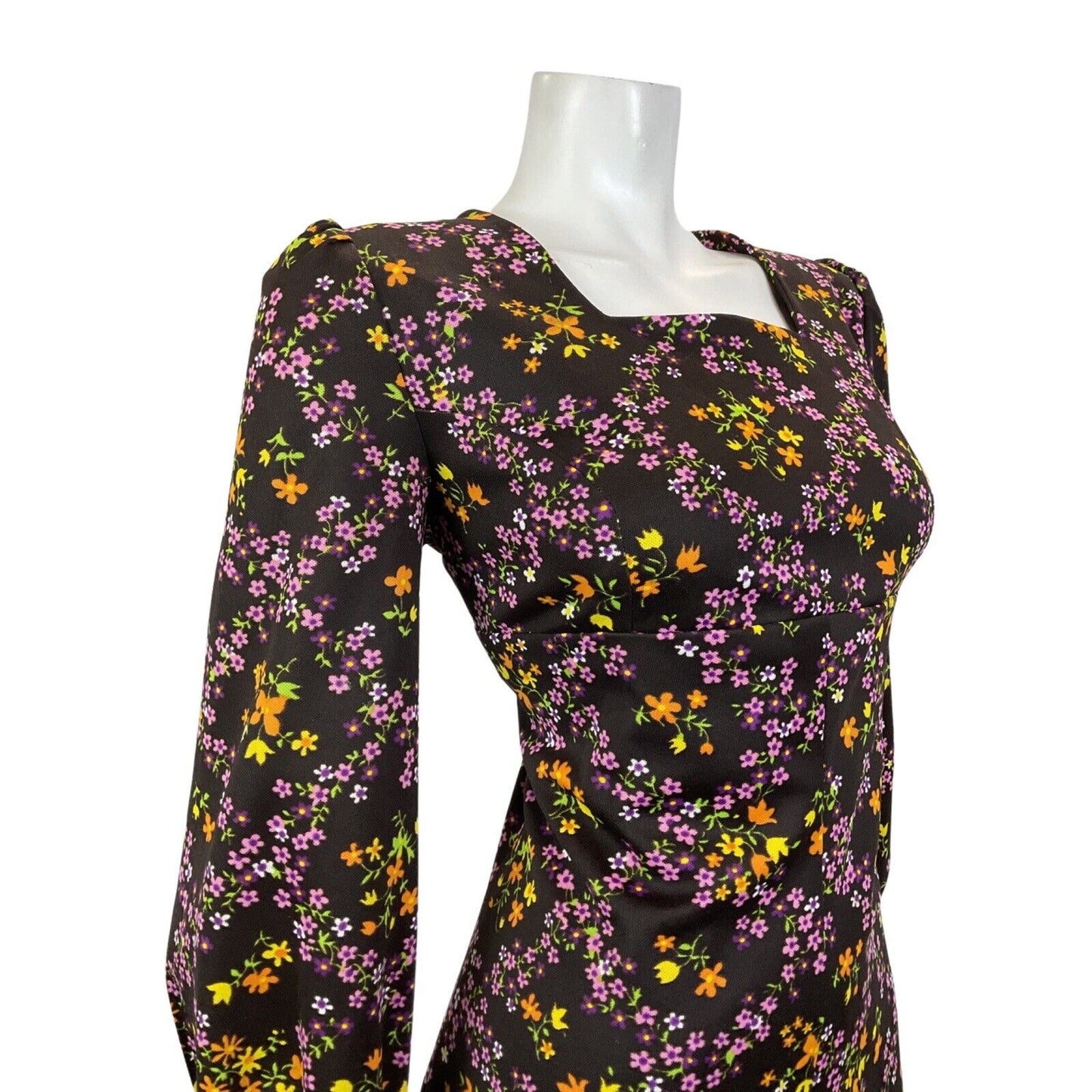 VINTAGE 60s 70s BROWN PURPLE GREEN FLORAL DITSY CHECKED EMPIRE LINE MOD DRESS 16