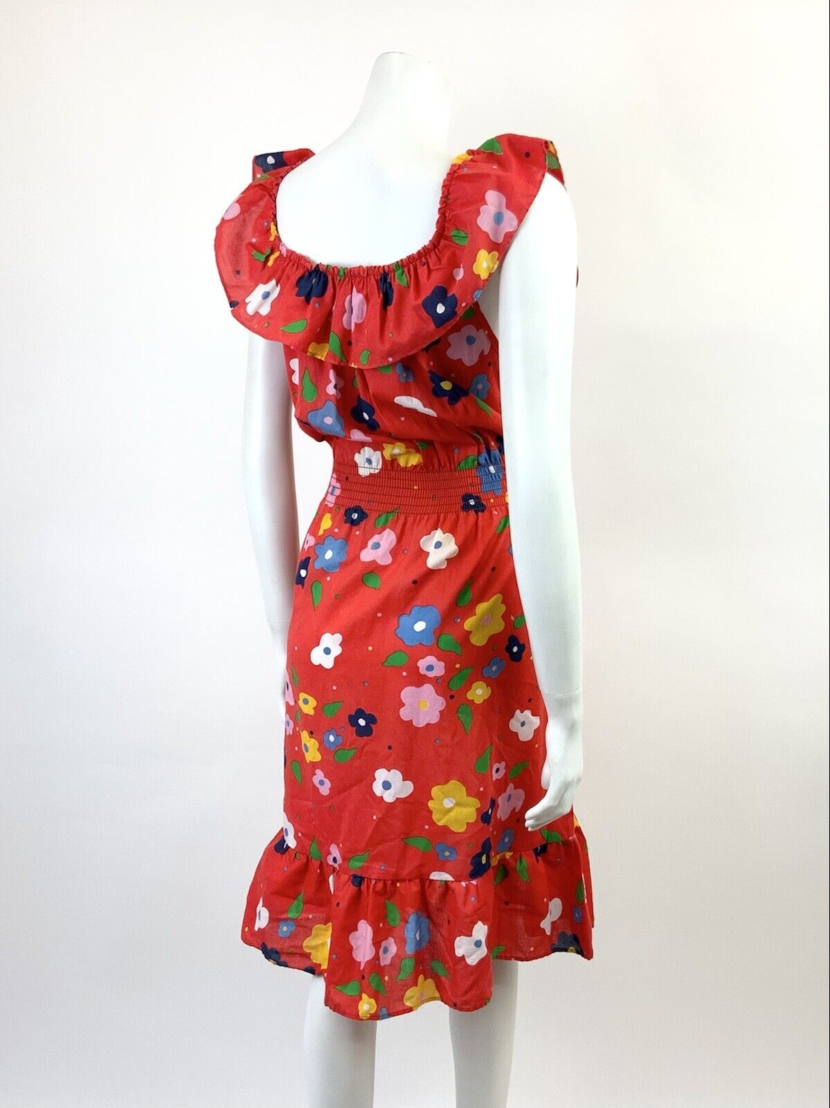 VTG 60s 70s RED BLUE GREEN WHITE FLORAL DAISY MOD SLEEVELESS SUMMER DRESS 12 14