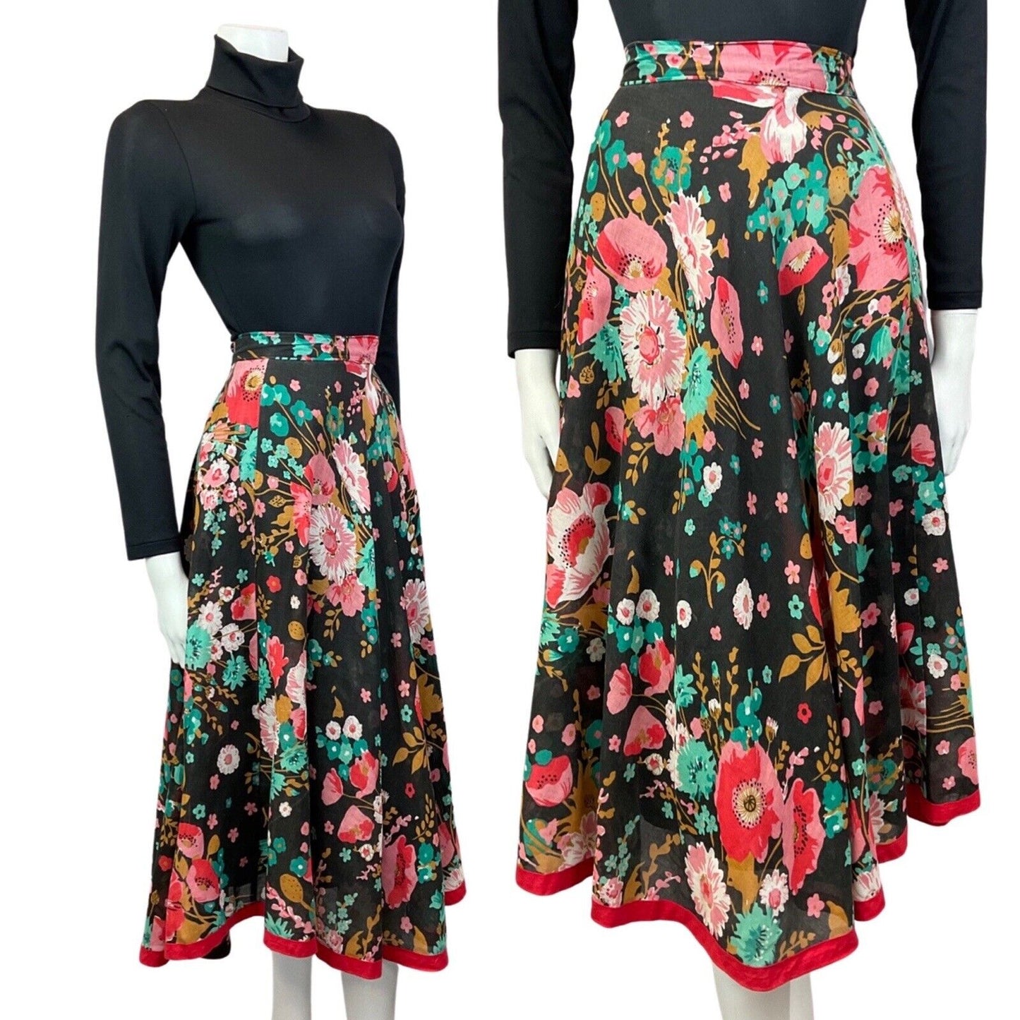 VINTAGE 70s BLACK RED GREEN FLORAL KNEE-LENGTH SWING SKIRT 8