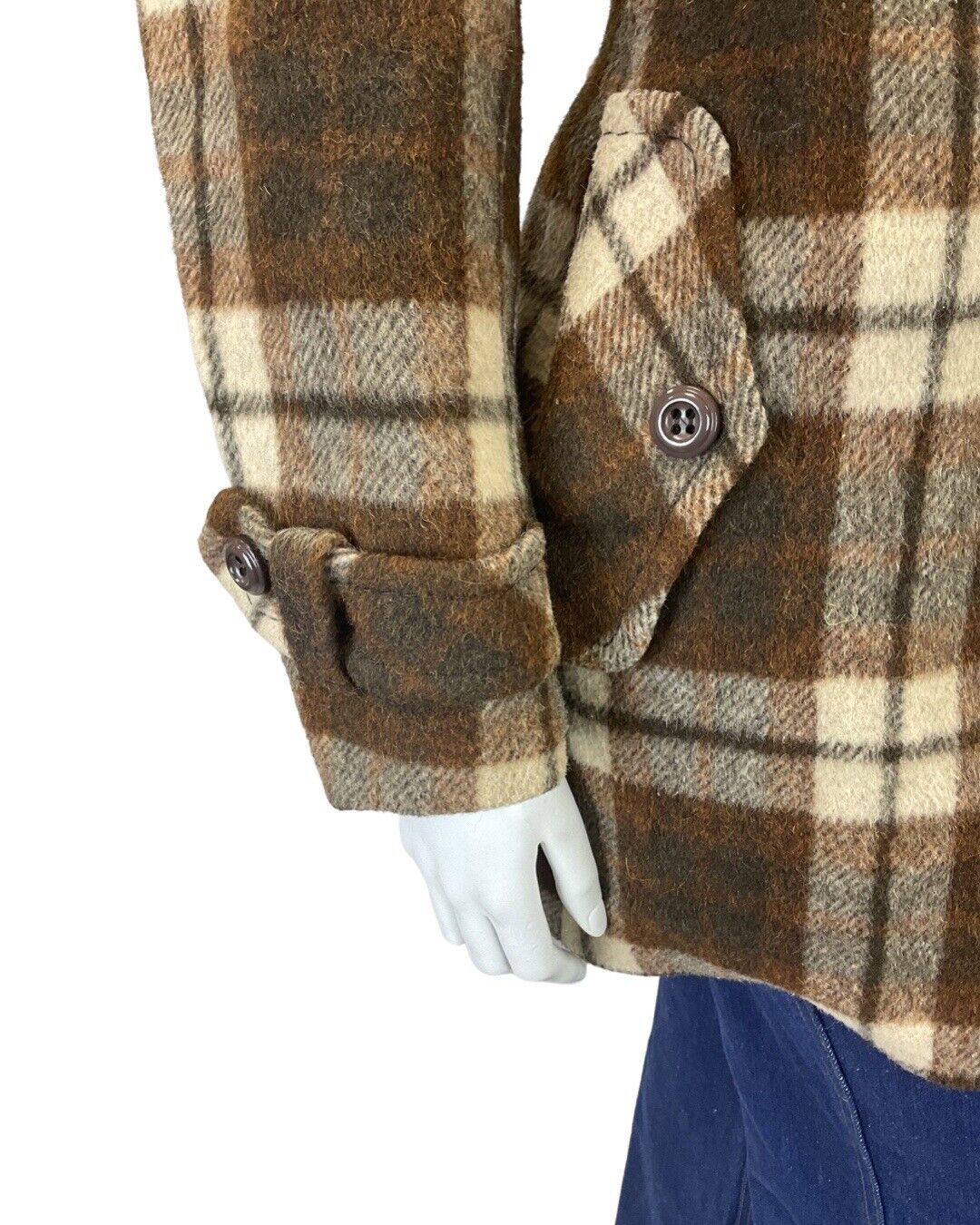 VINTAGE 60s 70s BROWN CREAM PLAID CHECKED MOD WOOL COAT 14 16