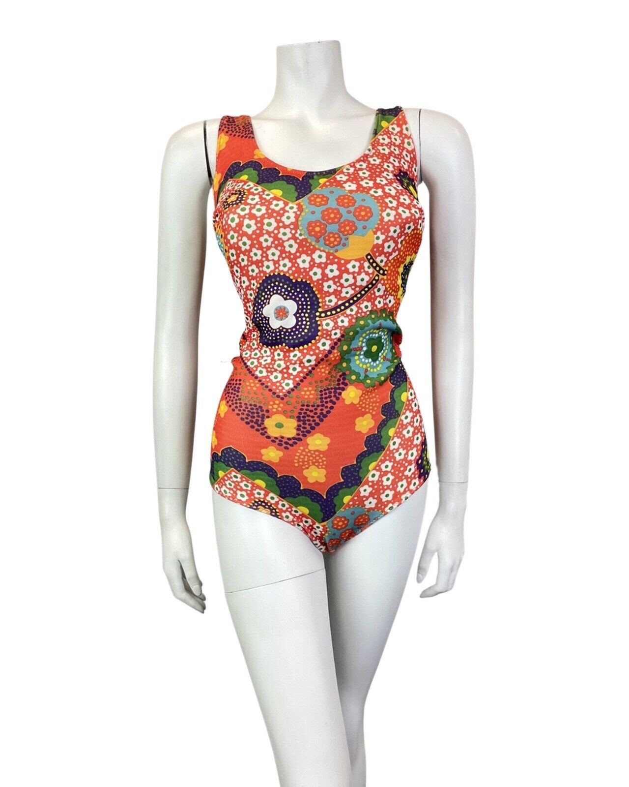 VINTAGE 60s 70s ORANGE PURPLE GREEN DAISY FLOWER DOTTY MOD SWIMSUIT 16 18