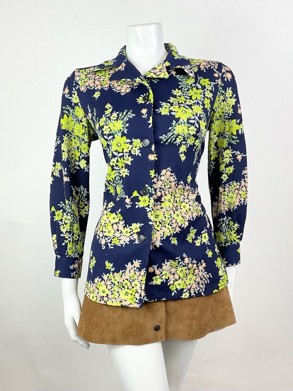 VINTAGE 60s 70s BLUE GREEN PINK FLORAL BLOSSOM WING COLLAR SHIRT BLOUSE 12 14