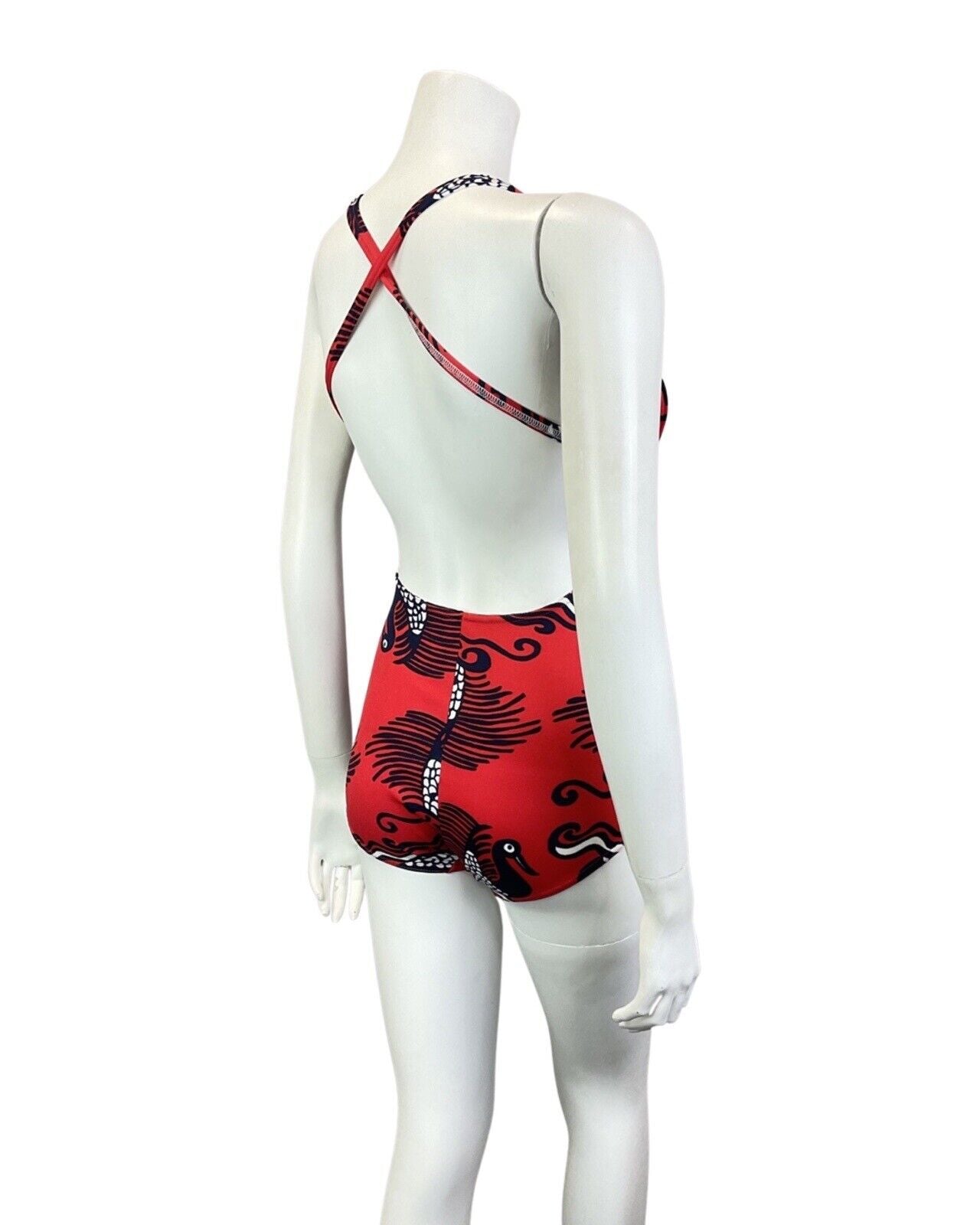 VINTAGE 60s 70s RED BLUE WHITE BIRD BOAT PSYCHEDELIC MOD SWIMSUIT BODYSUIT 8 10