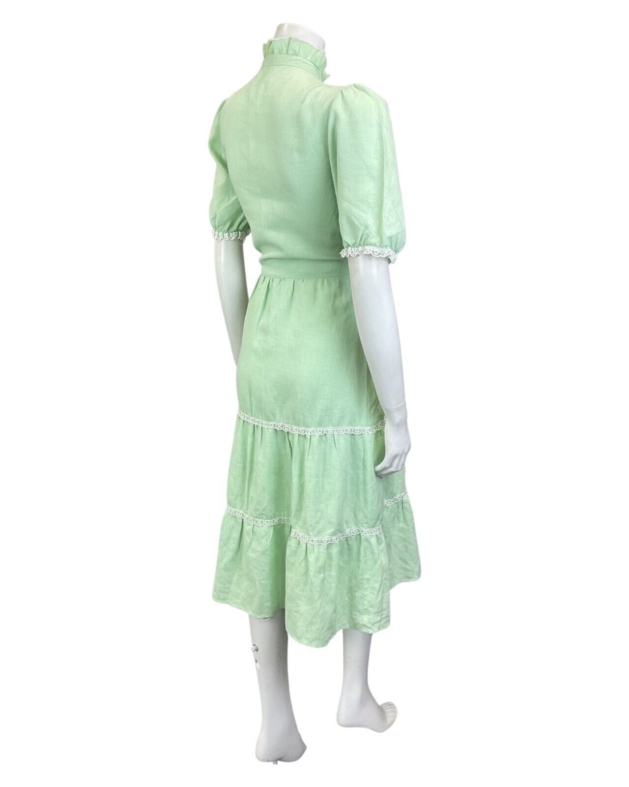 VINTAGE 60s 70s MINT GREEN WHITE LACE RUFFLED BOHO PRAIRIE MIDI DRESS 10