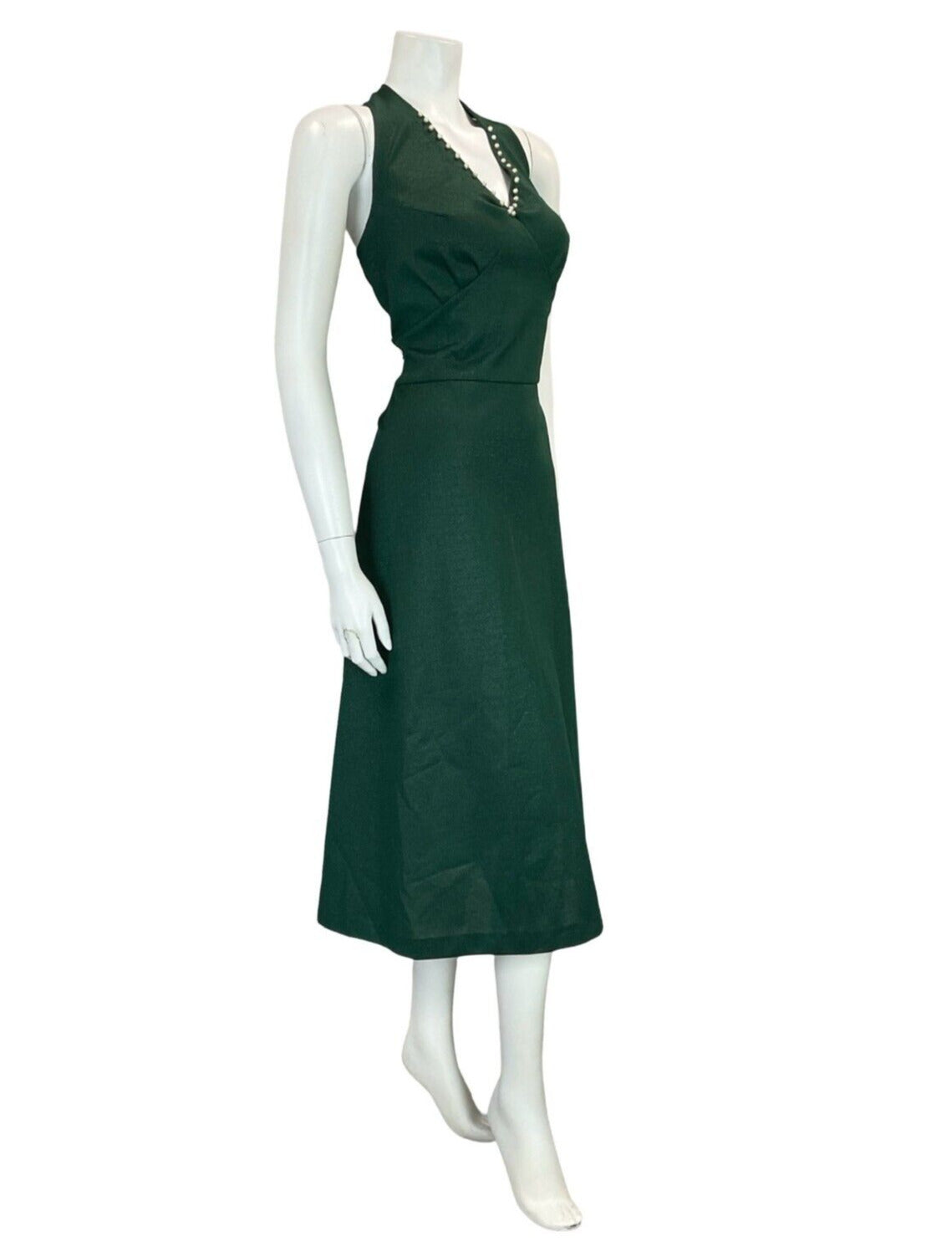 VTG 70S FOREST GREEN GLITTER LUREX PEARLS HALTER NECK MIDI DRESS SIZE 12 14 M