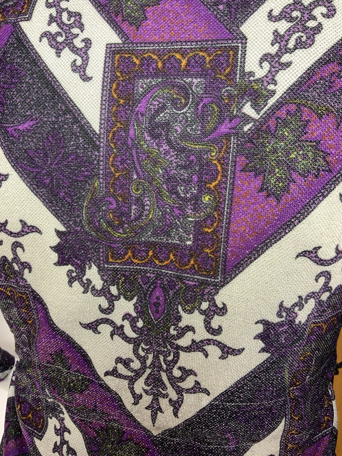 VTG 60s 70s PURPLE WHITE SILVER ZIG-ZAG FLORAL DAGGER COLLAR LUREX DRESS 14 16