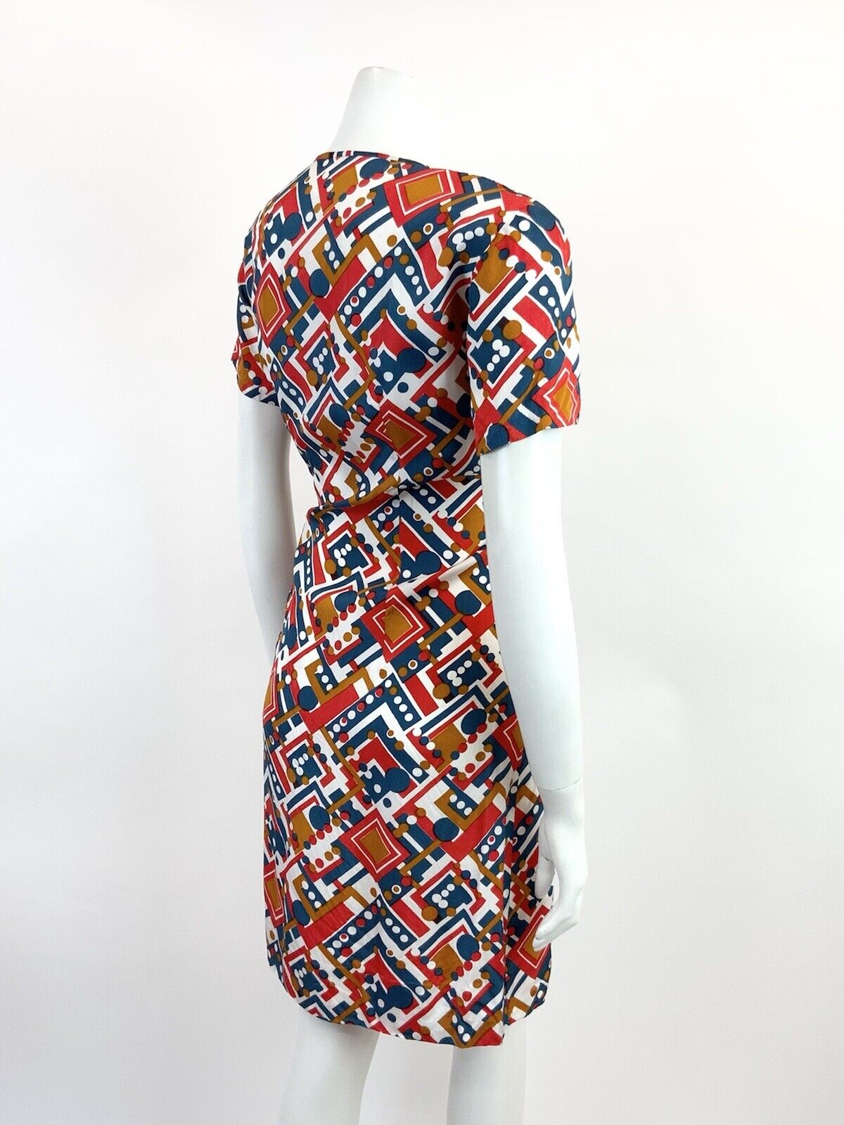 VINTAGE 60s 70s WHITE BLUE RED BRONZE GEOMETRIC DOTTY MOD DRESS 12 14