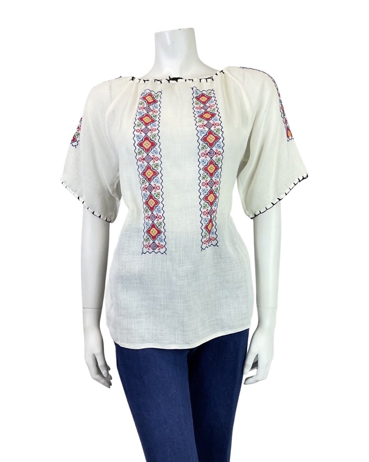 VINTAGE 60s 70s WHITE BLUE RED CROSS-STITCH EMBROIDERED BOHO FOLK BLOUSE 12 14