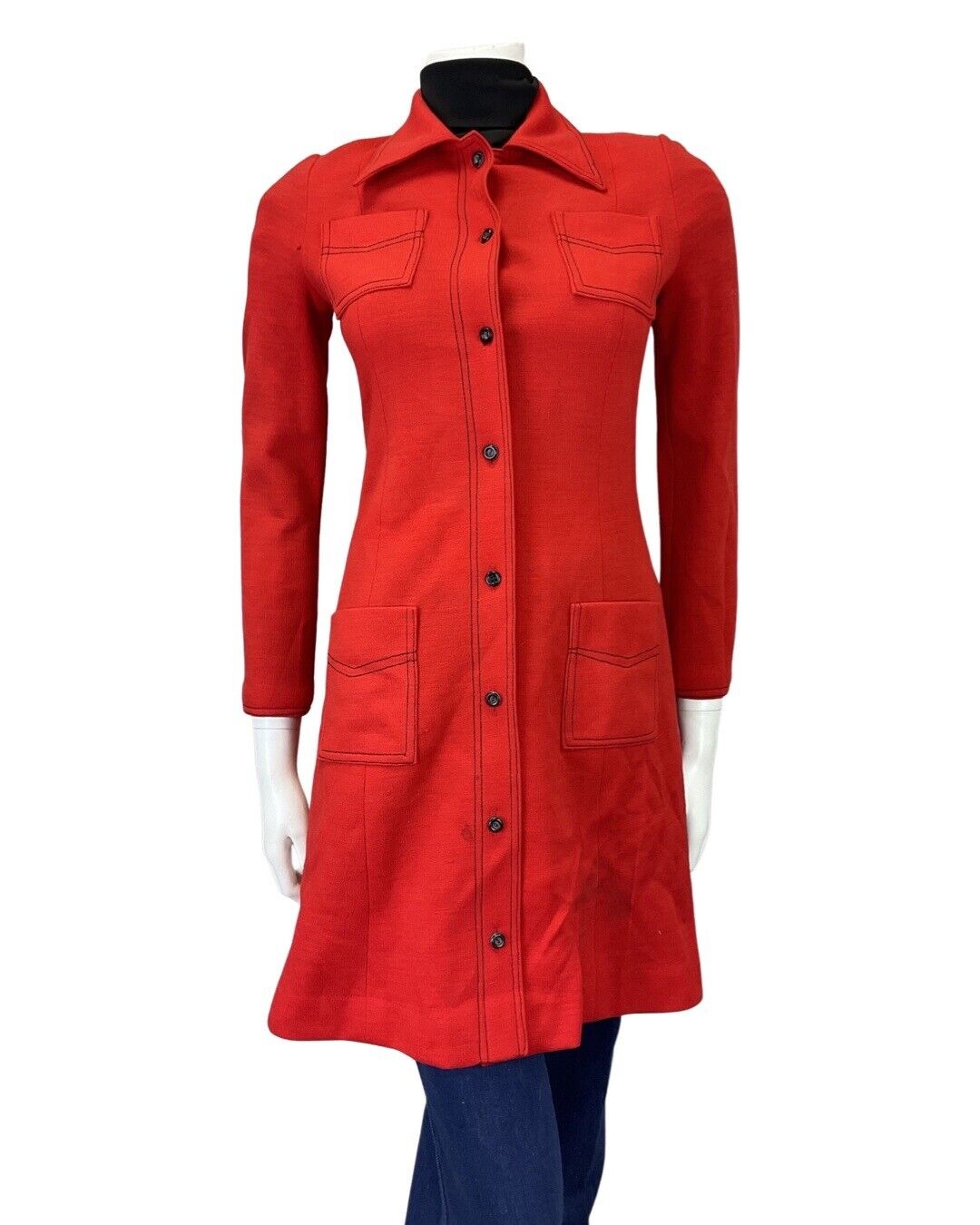 VINTAGE 60s 70s PILLARBOX RED DAGGER COLLAR MOD WOOL PRINCESS DRESS COAT 8 10