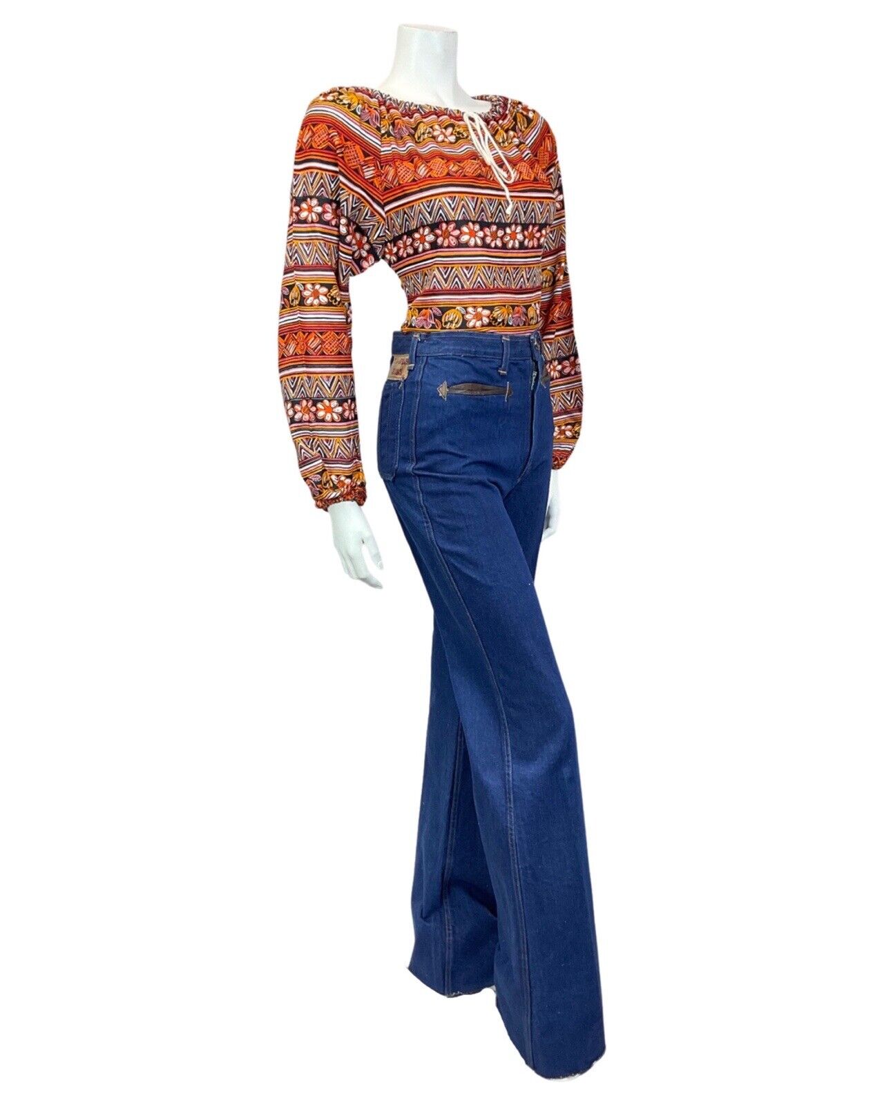 VINTAGE 70s RED YELLOW BLACK AZTEC FLORAL STRIPED BOHO LONG-SLEEVE BLOUSE 12 14