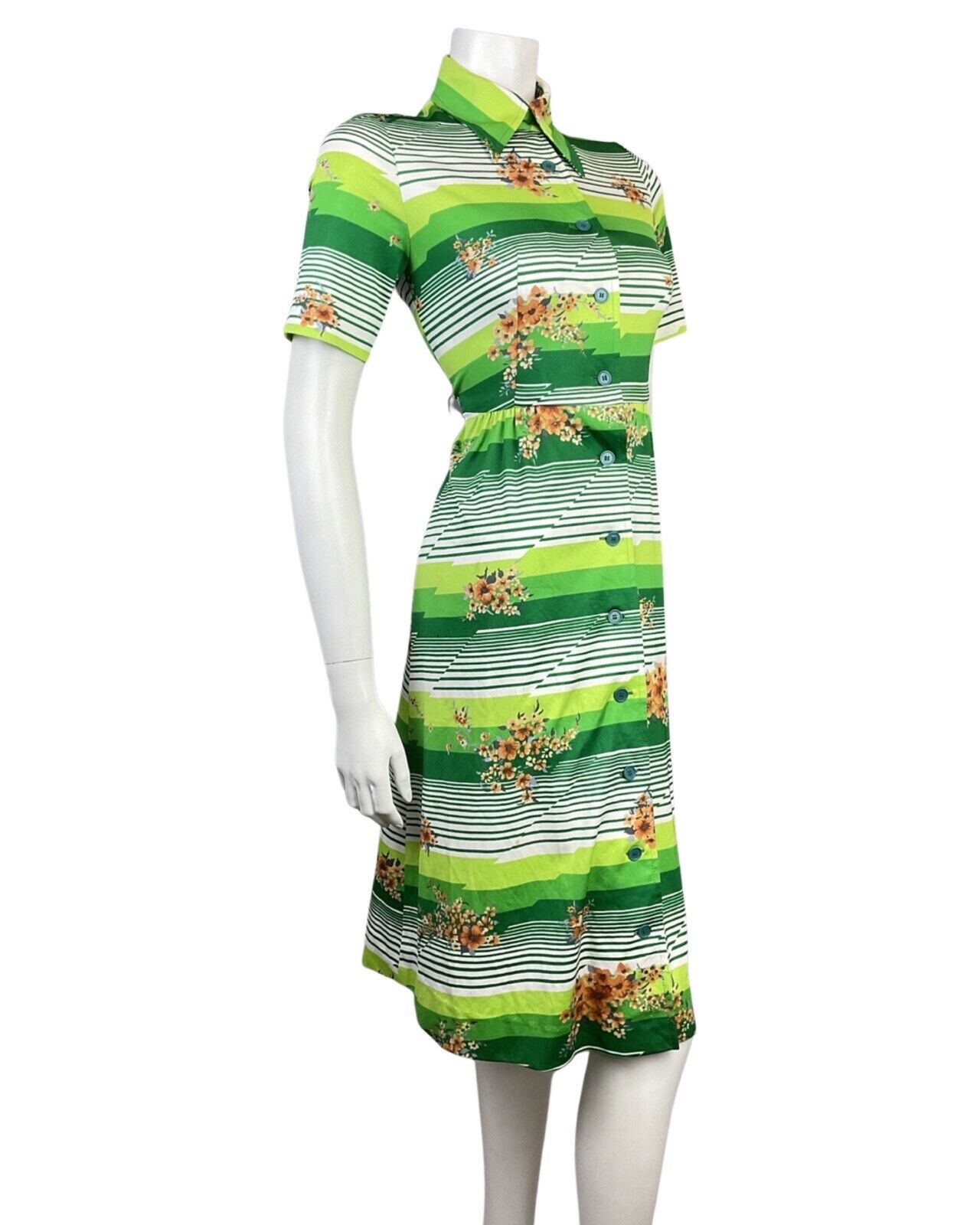 VINTAGE 60s 70s GREEN WHITE ORANGE STRIPED FLORAL MOD DAGGER SHIRT DRESS 8 10