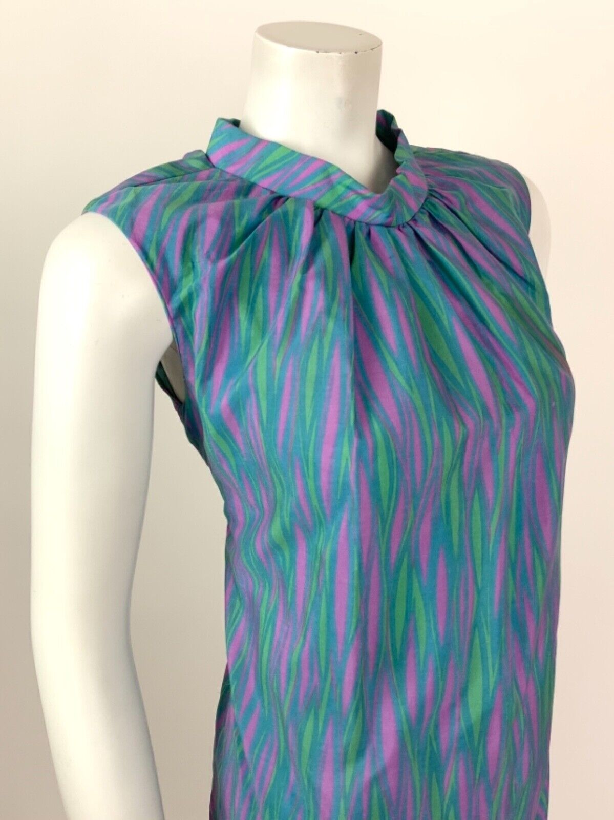 VINTAGE 60s 70s BLUE PURPLE GREEN PSYCHEDELIC WAVY MOD A-LINE DRESS 12 14