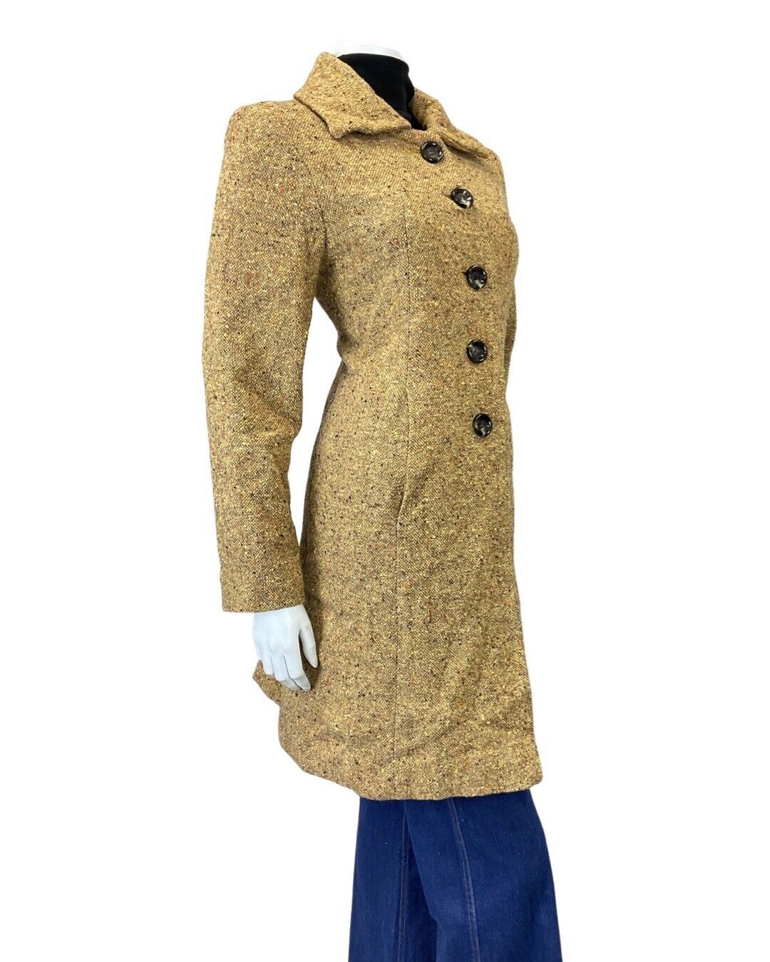 VINTAGE 60s 70s YELLOW BROWN BEIGE SPECKLED MOD MID-LENGTH WOOL COAT 12