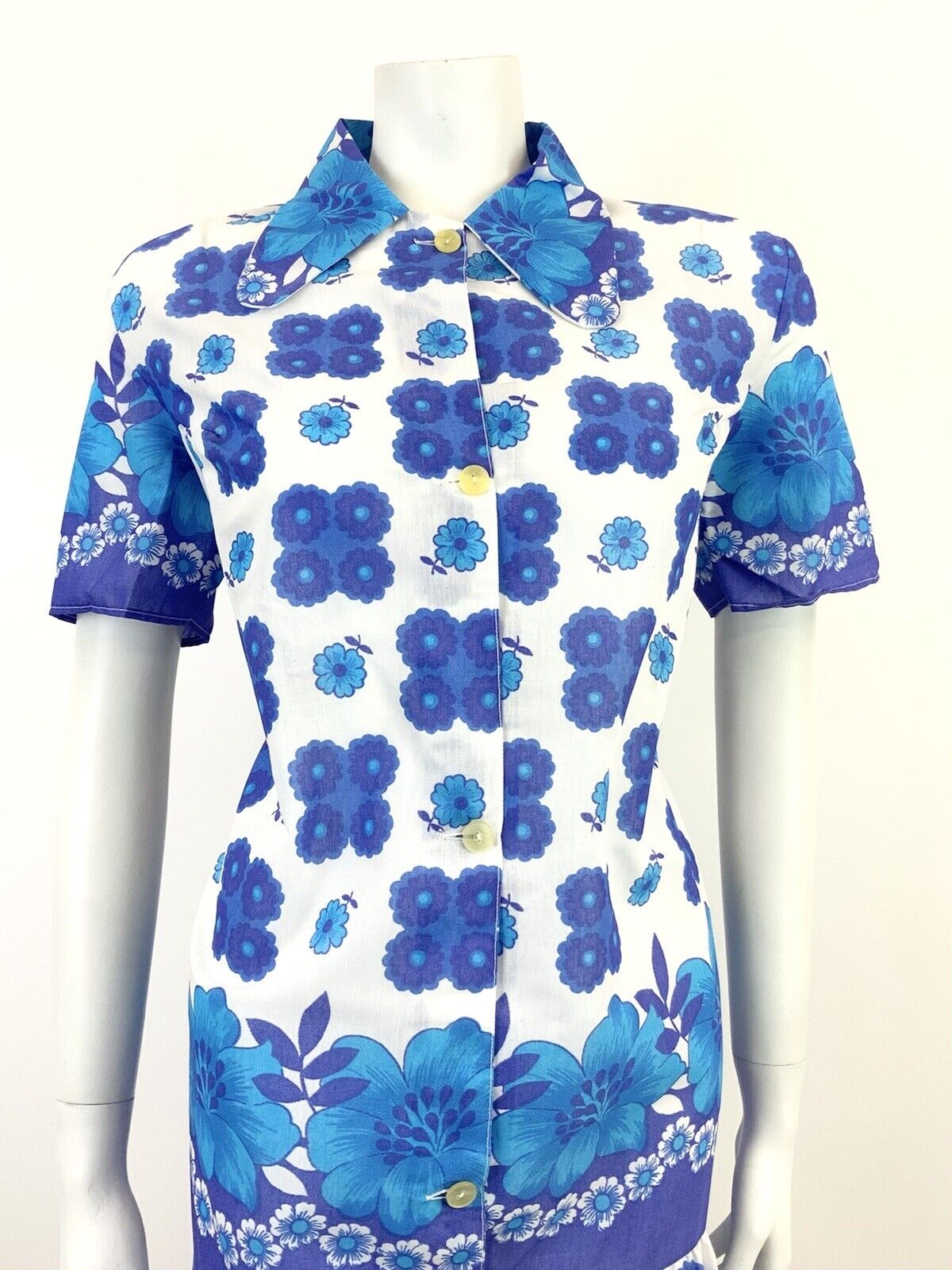 VINTAGE 60s 70s WHITE BLUE PURPLE FLORAL DOG EAR COLLAR MOD SHIRT SHIFT DRESS 16