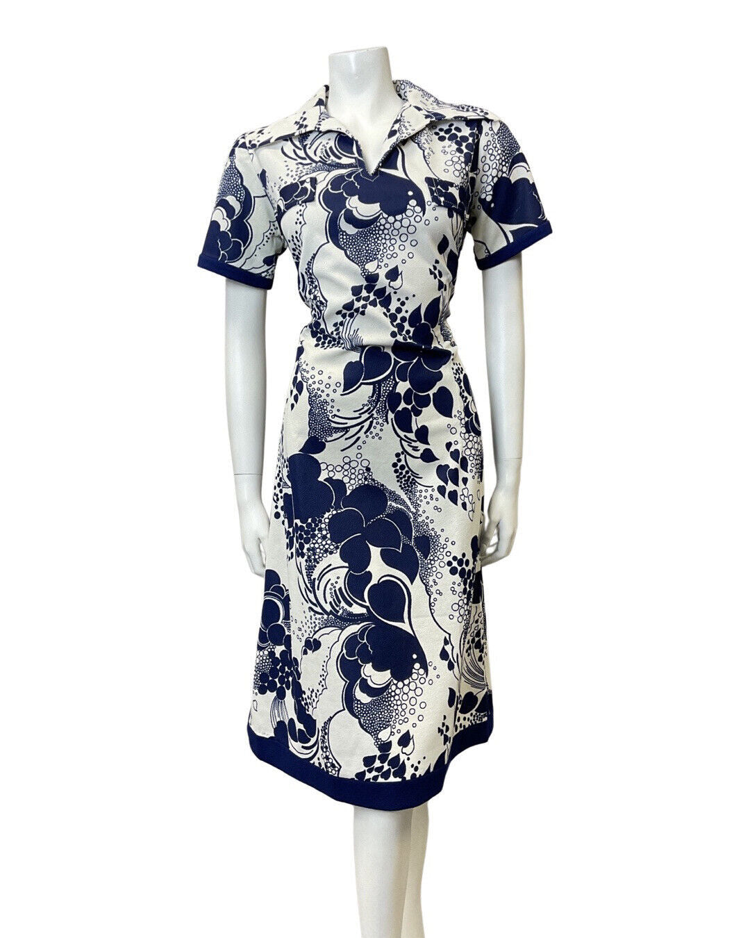 VINTAGE 60s 70s BLUE WHITE FLORAL DOTTY SHORT-SLEEVE MOD DAGGER SHIRT DRESS 14