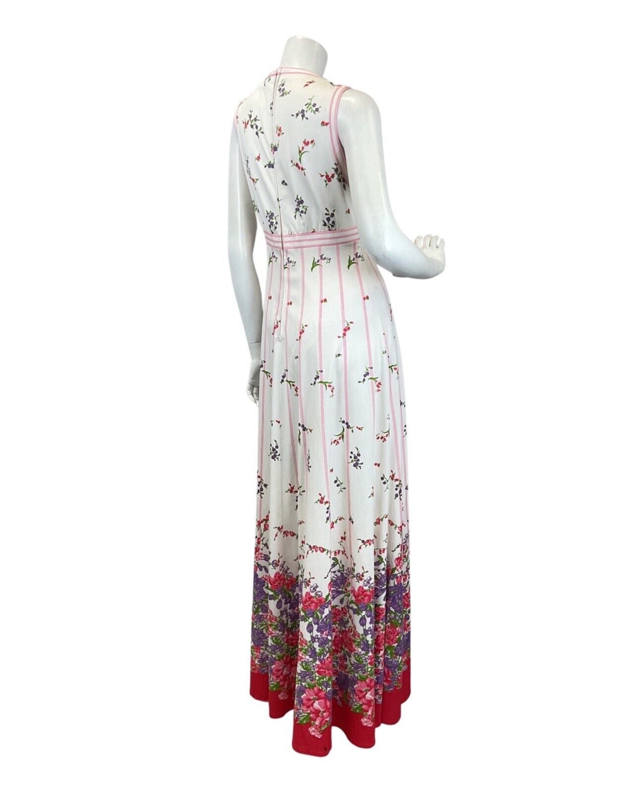 VINTAGE 60s 70s WHITE RED PINK FLORAL BOTANICAL SLEEVELESS SUMMER MAXI DRESS 10
