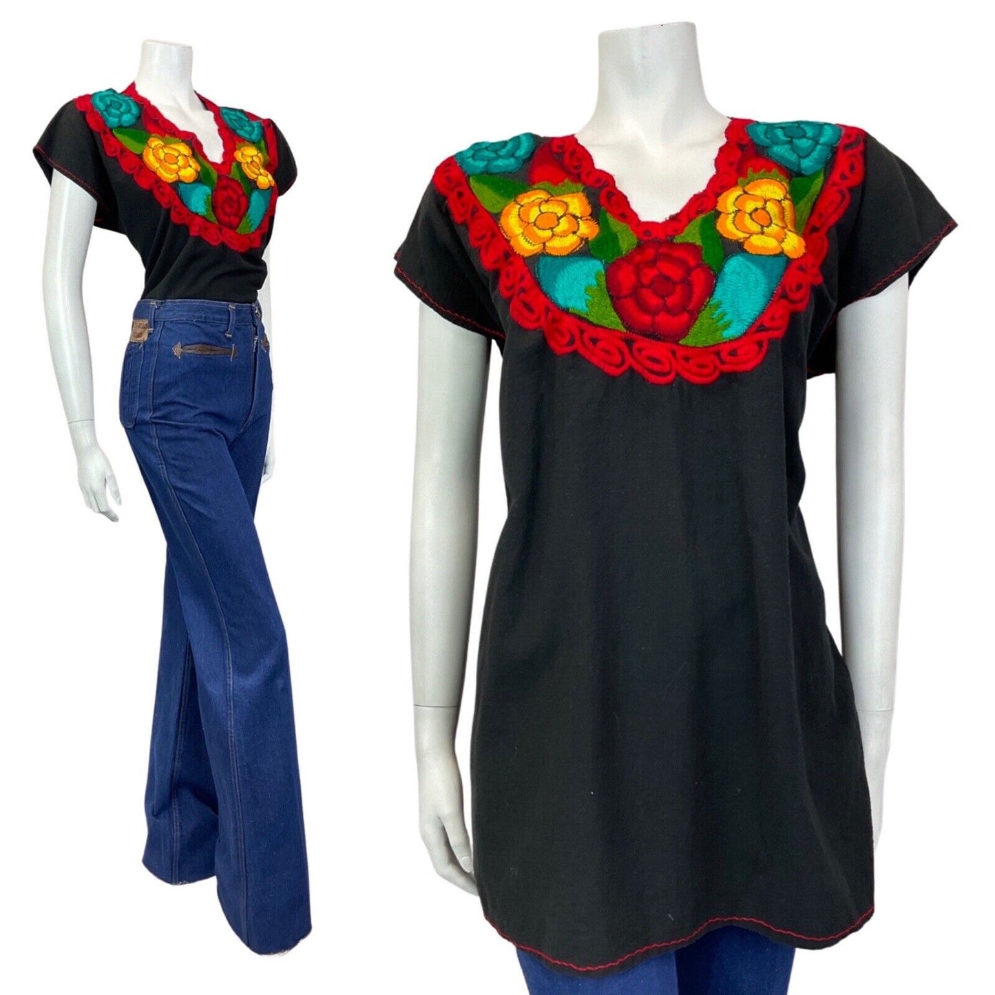 VINTAGE 60s 70s BLACK RED YELLOW FLORAL EMBROIDERED BOHO FOLK BLOUSE 16 18