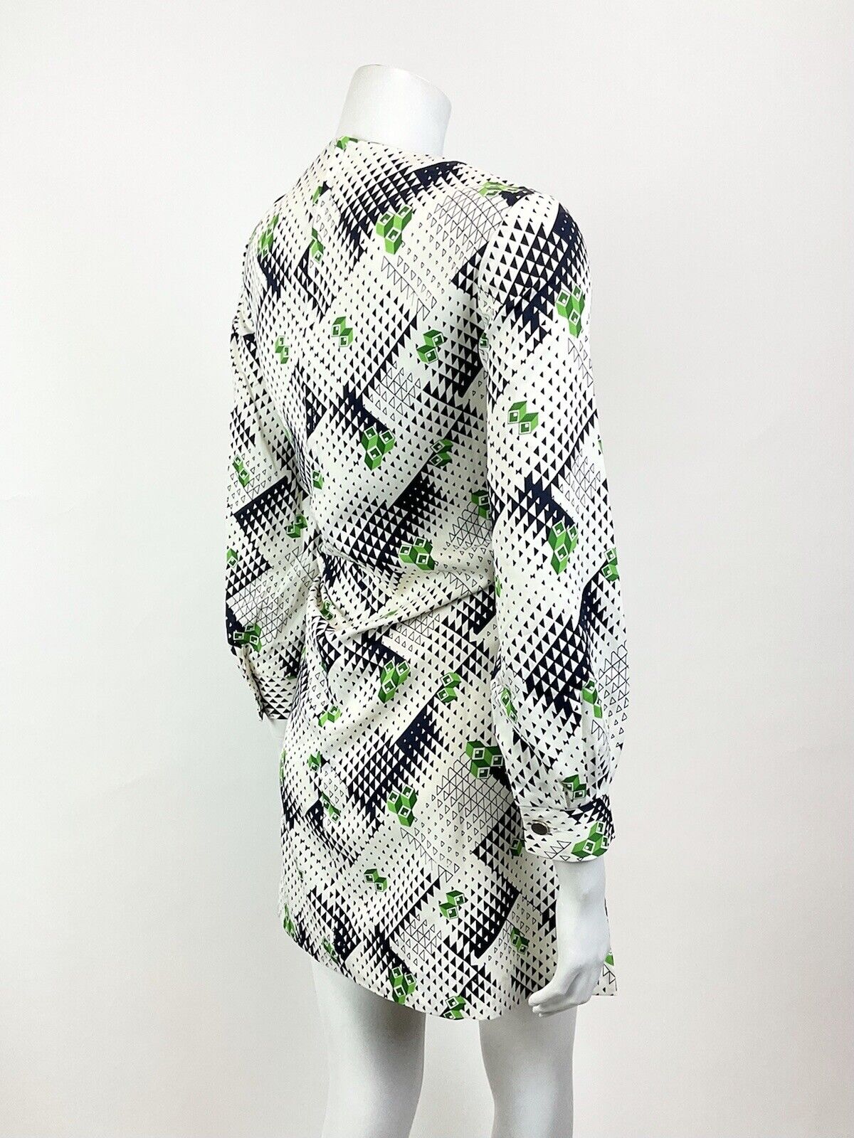 VINTAGE 60s 70s WHITE BLUE GREEN GEOMETRIC OP-ART MOD A-LINE SHORT DRESS 10 12