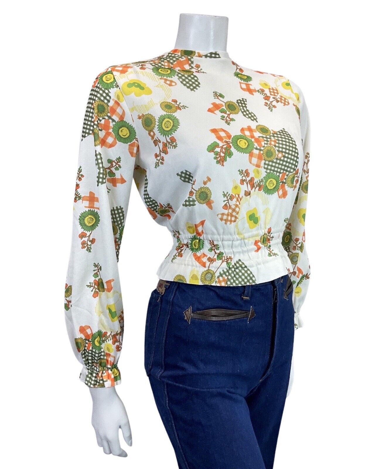 VINTAGE 60s 70s WHITE GREEN ORANGE SUNFLOWER GINGHAM SHIRRED BLOUSE TOP 10 12