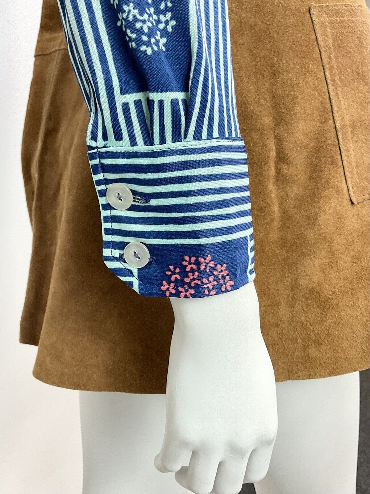VINTAGE 60s 70s BLUE PINK STRIPED FLORAL BLOSSOM DAGGER SHIRT BLOUSE 8 10
